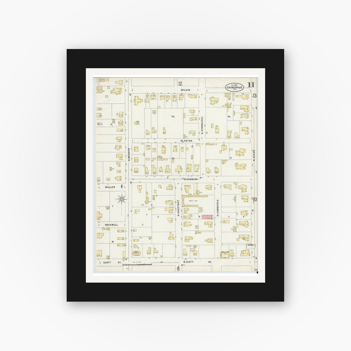 Old map wall art mockup — black gallery frame with white mat — Sanborn Fire Insurance Map from Gainesville, Cooke County, Texas (1897), Sheet #0011