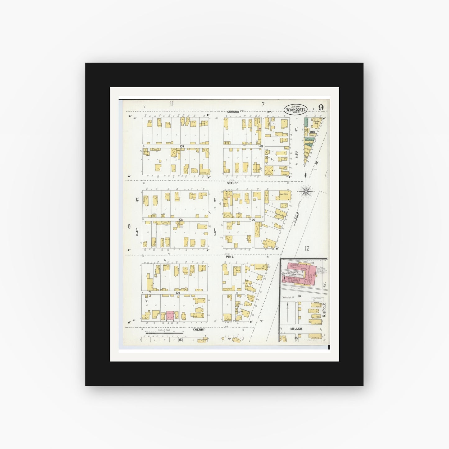Old map wall art mockup — black gallery frame with white mat — Sanborn Fire Insurance Map from Wyandotte, Wayne County, Michigan (1900), Sheet #0009