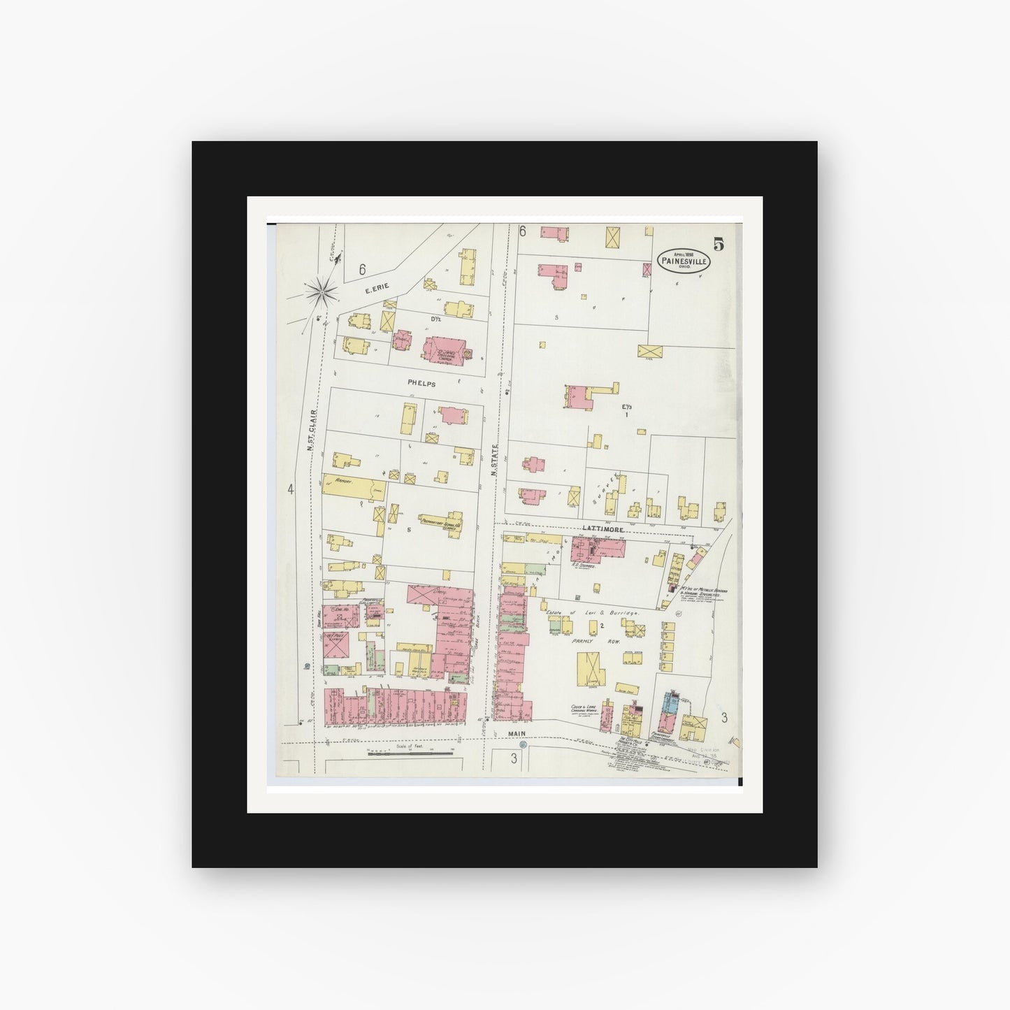 Old map wall art mockup — black gallery frame with white mat — Sanborn Fire Insurance Map from Painesville, Lake County, Ohio (1898), Sheet #0005