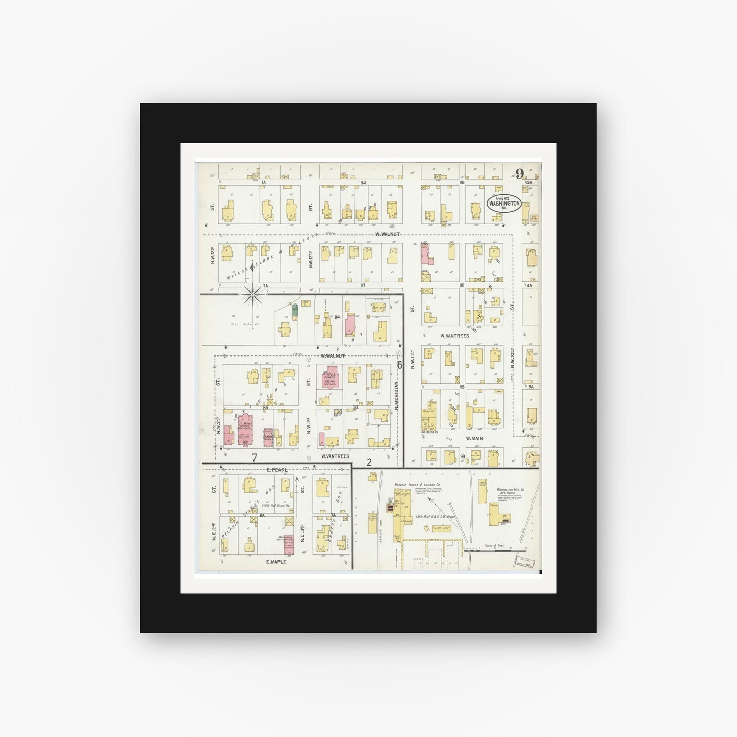 Old map wall art mockup — black gallery frame with white mat — Sanborn Fire Insurance Map from Washington, Daviess County, Indiana (1902), Sheet #0009