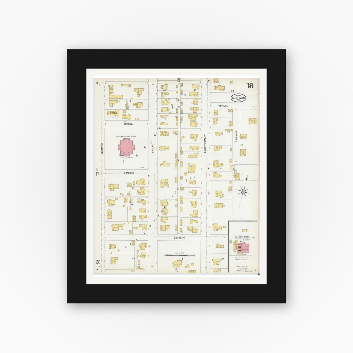 Old map wall art mockup — black gallery frame with white mat — Sanborn Fire Insurance Map from Sherman, Grayson County, Texas (1902), Sheet #0018