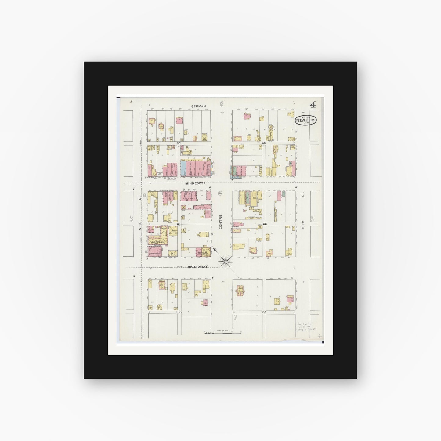 Old map wall art mockup — black gallery frame with white mat — Sanborn Fire Insurance Map from New Ulm, Brown County, Minnesota (1894), Sheet #0004