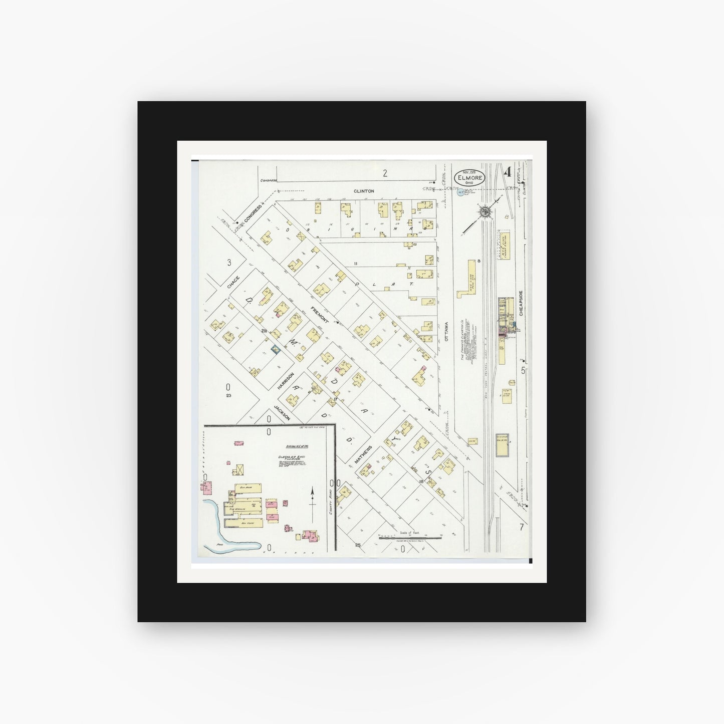 Old map wall art mockup — black gallery frame with white mat — Sanborn Fire Insurance Map from Elmore, Ottawa County, Ohio (1920), Sheet #0004