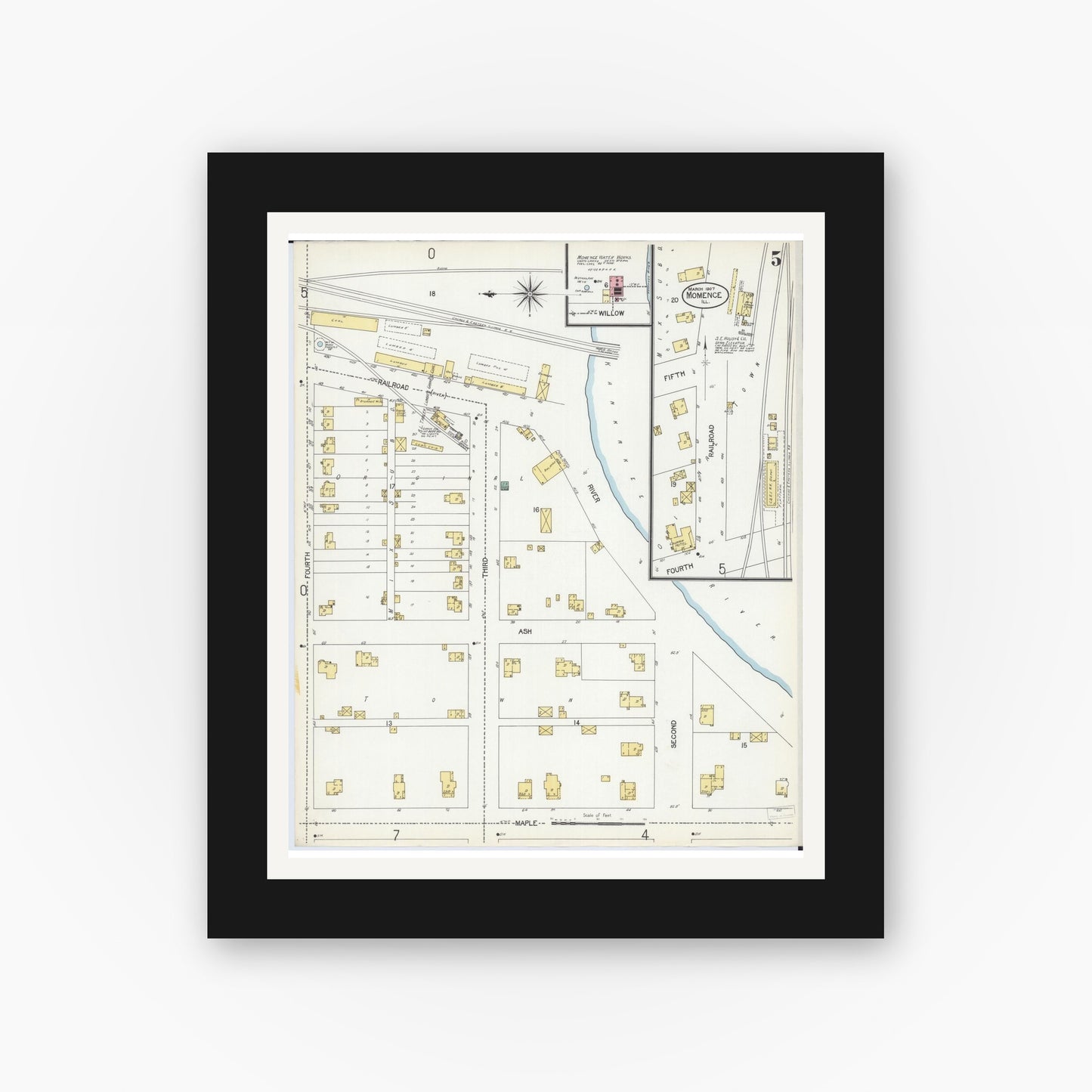 Old map wall art mockup — black gallery frame with white mat — Sanborn Fire Insurance Map from Momence, Kankakee County, Illinois (1907), Sheet #0005