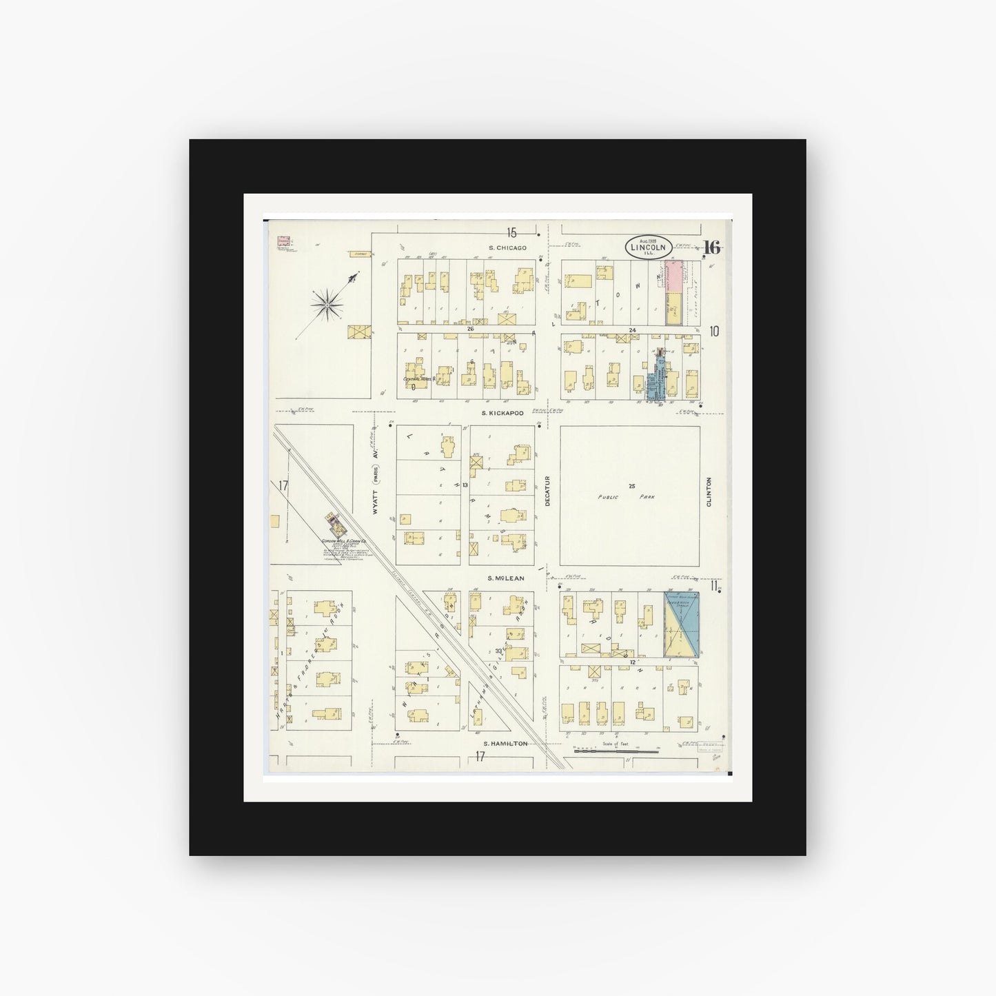 Old map wall art mockup — black gallery frame with white mat — Sanborn Fire Insurance Map from Lincoln, Logan County, Illinois (1909), Sheet #0016