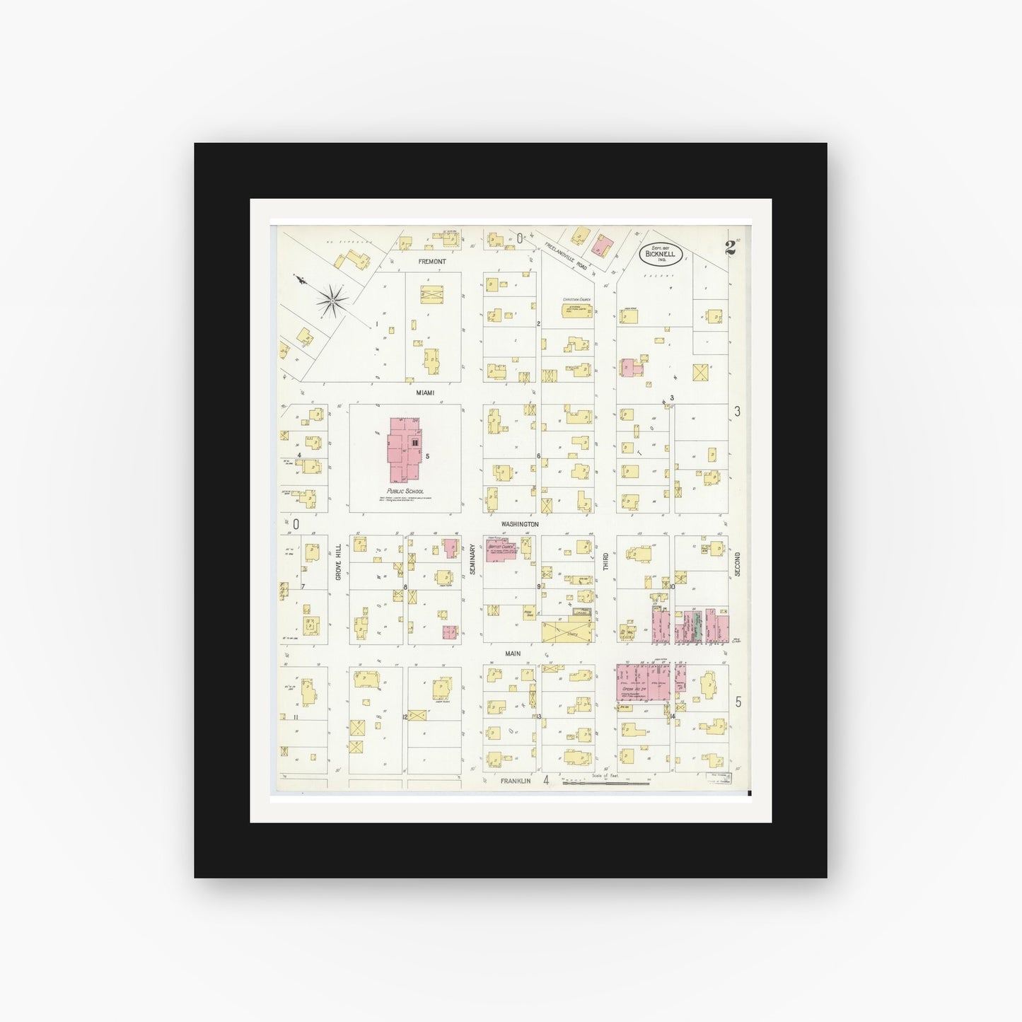 Old map wall art mockup — black gallery frame with white mat — Sanborn Fire Insurance Map from Bicknell, Knox County, Indiana (1907), Sheet #0002
