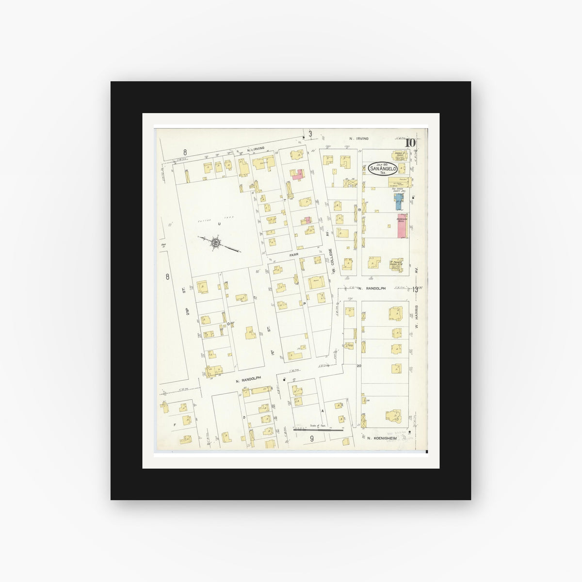 Old map wall art mockup — black gallery frame with white mat — Sanborn Fire Insurance Map from San Angelo, Tom Green County, Texas (1913), Sheet #0010