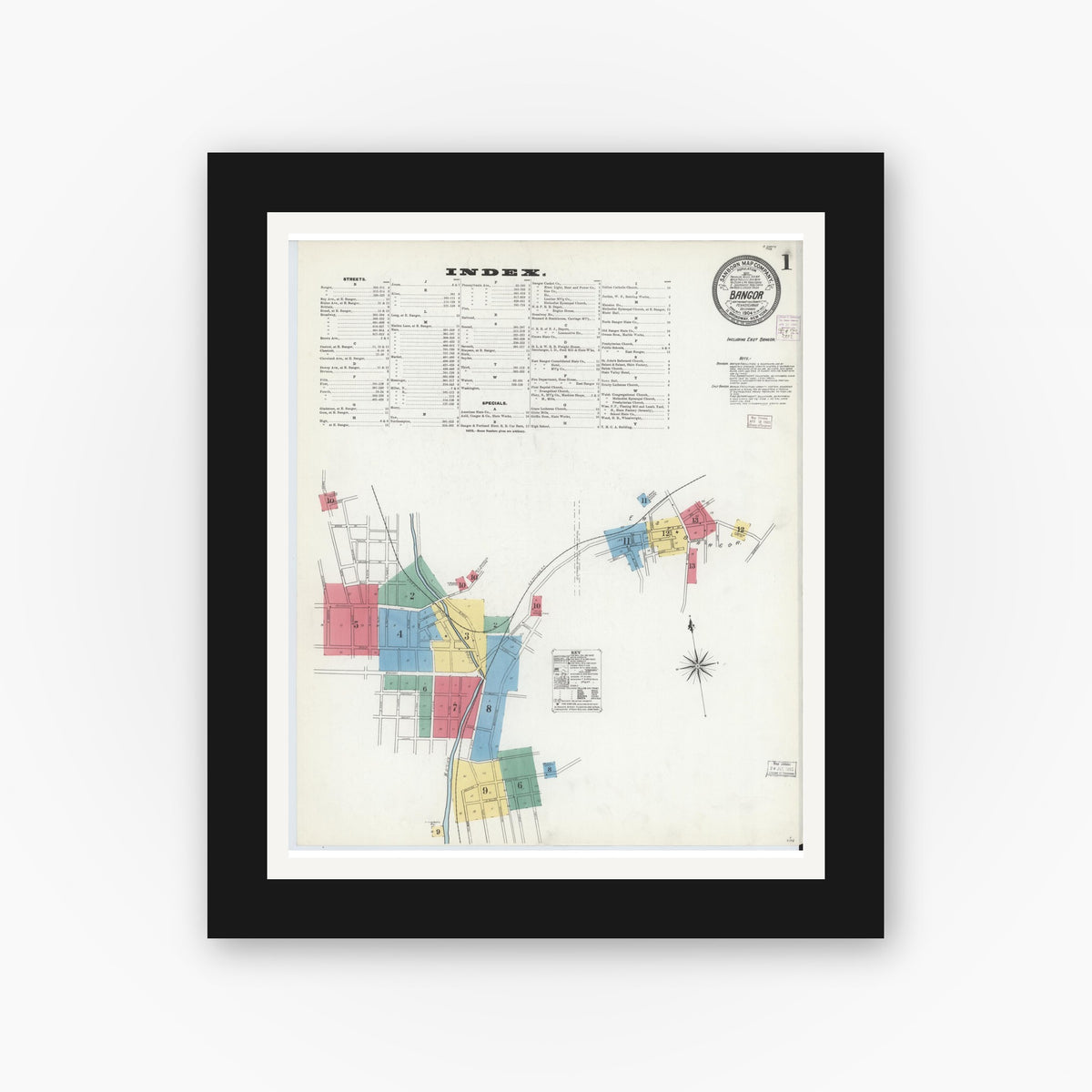 Old map wall art mockup — black gallery frame with white mat — Sanborn Fire Insurance Map from Bangor, Northampton County, Pennsylvania (1904) - Complete Map Set