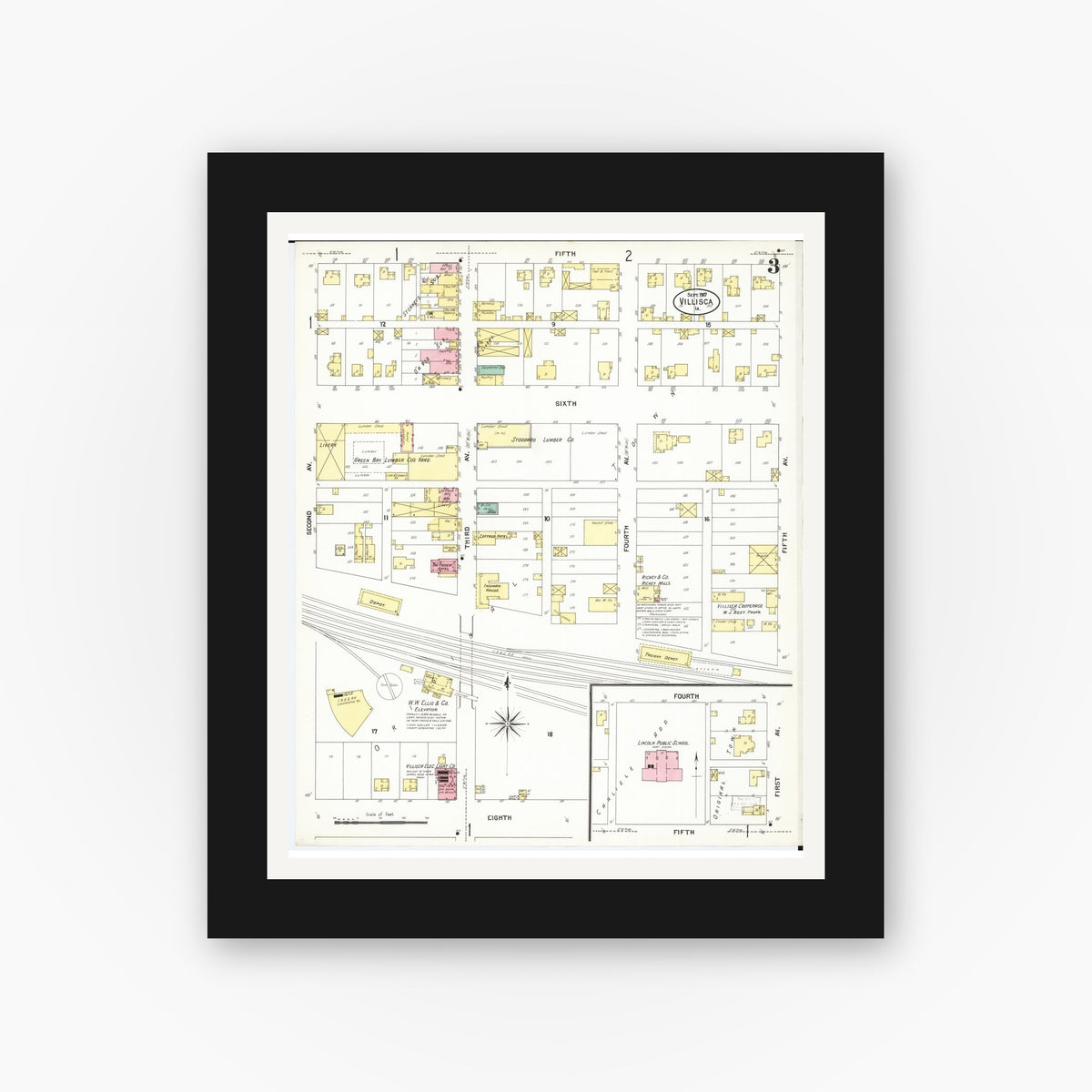 Old map wall art mockup — black gallery frame with white mat — Sanborn Fire Insurance Map from Villisca, Montgomery County, Iowa (1907), Sheet #0003