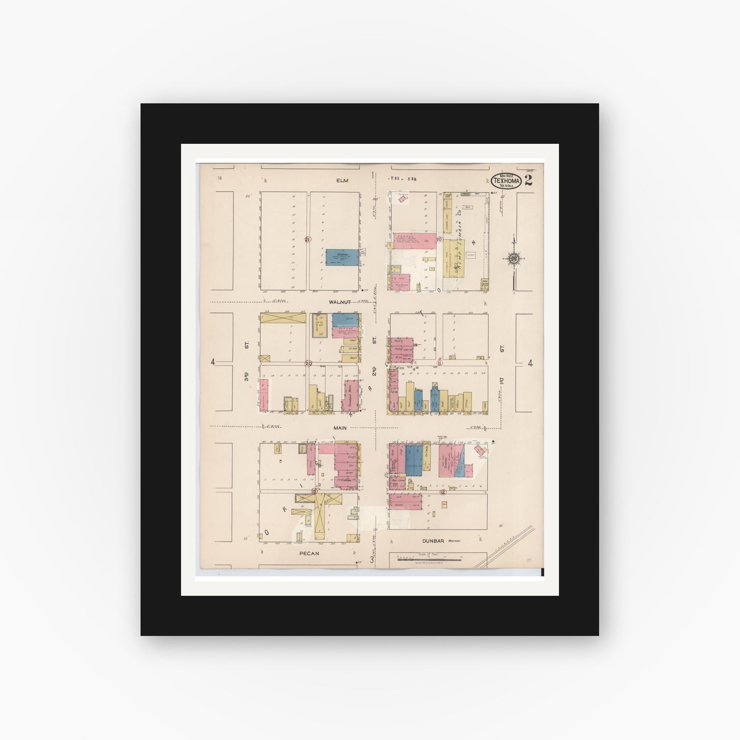 Old map wall art mockup — black gallery frame with white mat — Sanborn Fire Insurance Map from Texhoma, Texas County, Oklahoma and Sherman County, Texas, Texas (1930), Sheet #0002