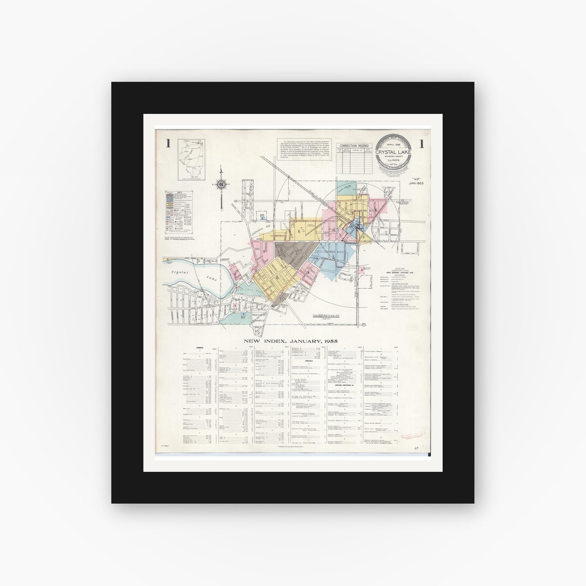 Old map wall art mockup — black gallery frame with white mat — Sanborn Fire Insurance Map from Crystal Lake, McHenry County, Illinois (1955) - Complete Map Set