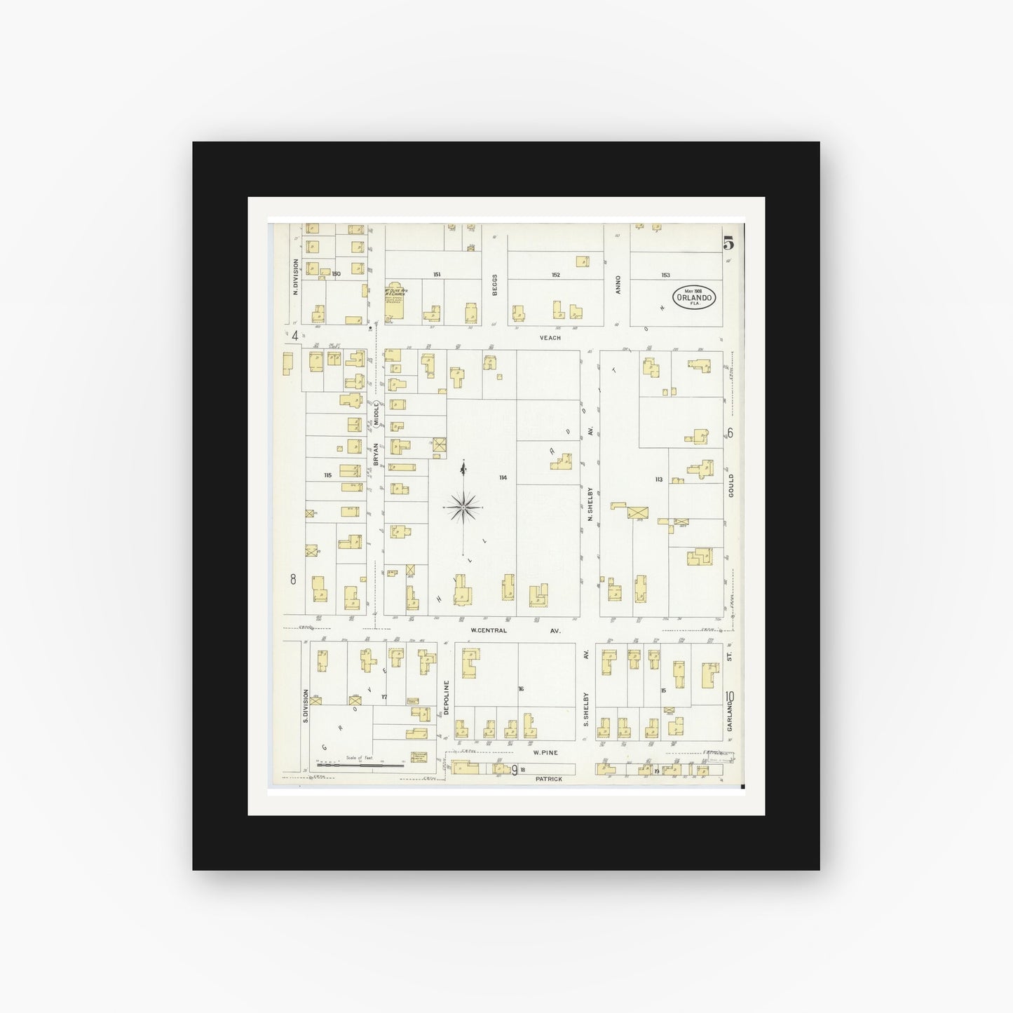 Old map wall art mockup — black gallery frame with white mat — Sanborn Fire Insurance Map from Orlando, Orange County, Florida (1908), Sheet #0005