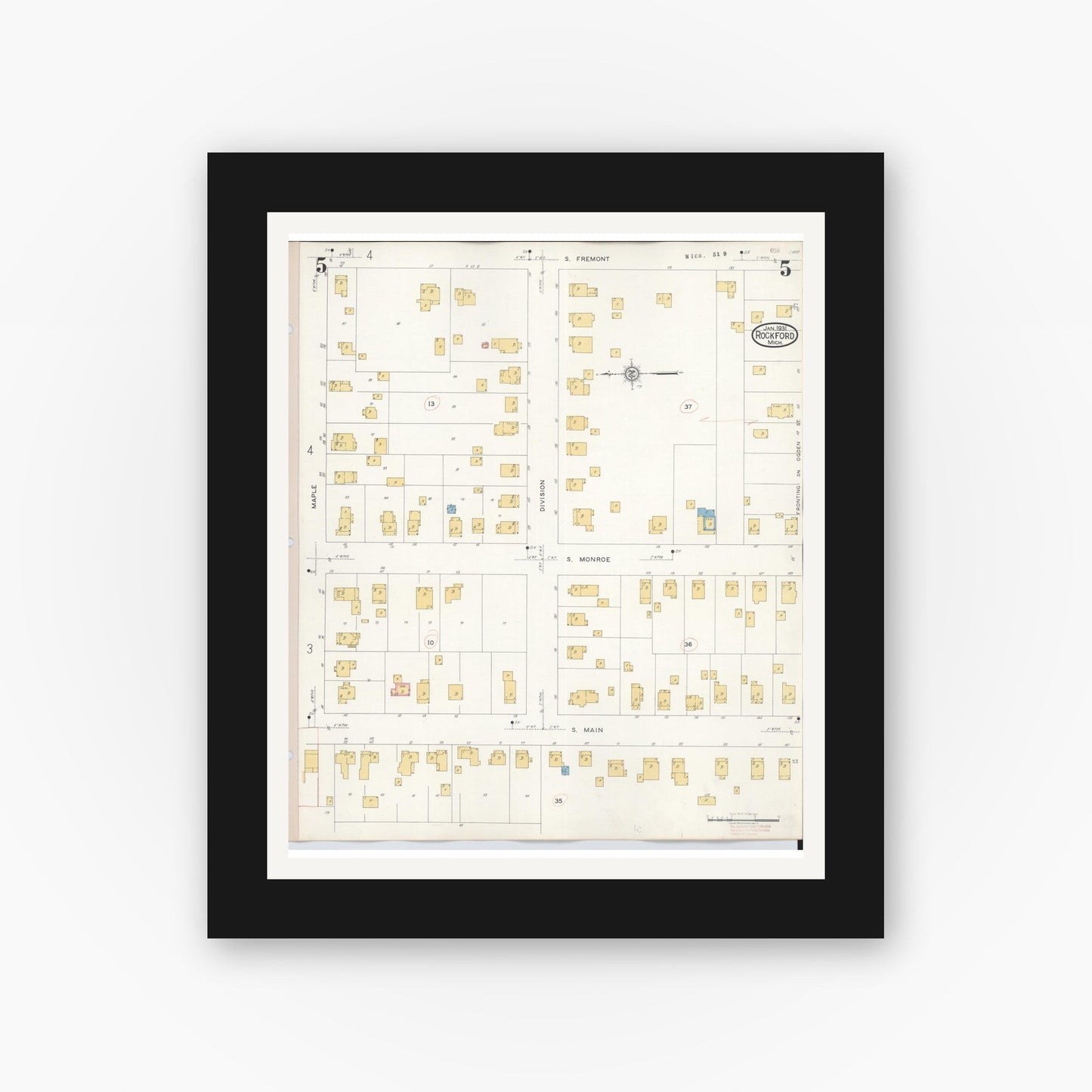 Old map wall art mockup — black gallery frame with white mat — Sanborn Fire Insurance Map from Rockford, Kent County, Michigan (1931), Sheet #0005