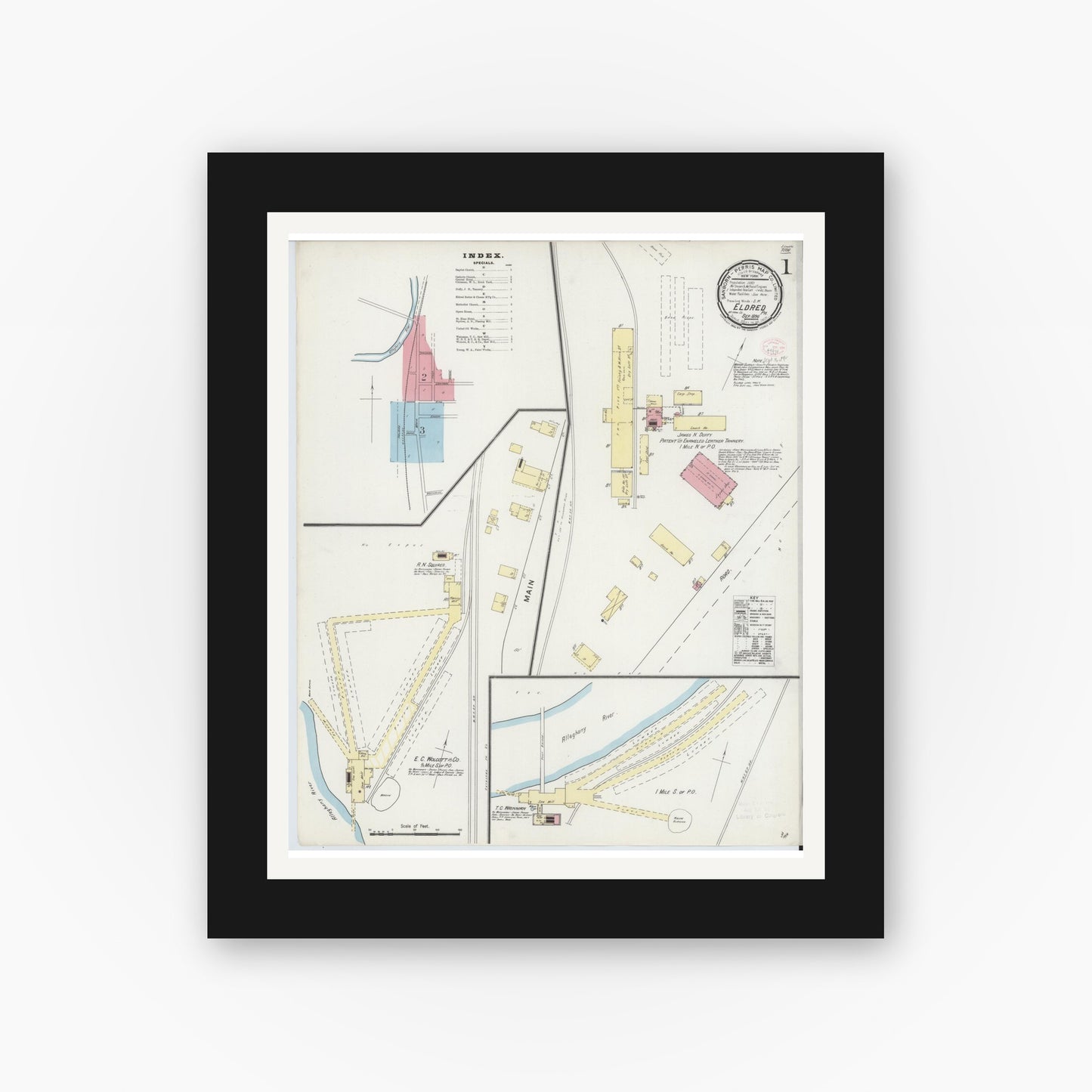 Old map wall art mockup — black gallery frame with white mat — Sanborn Fire Insurance Map from Eldred, McKean County, Pennsylvania (1894), Sheet #0001
