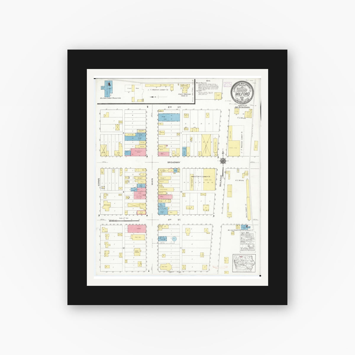 Old map wall art mockup — black gallery frame with white mat — Sanborn Fire Insurance Map from Milford, Dickinson County, Iowa (1916), Sheet #0001