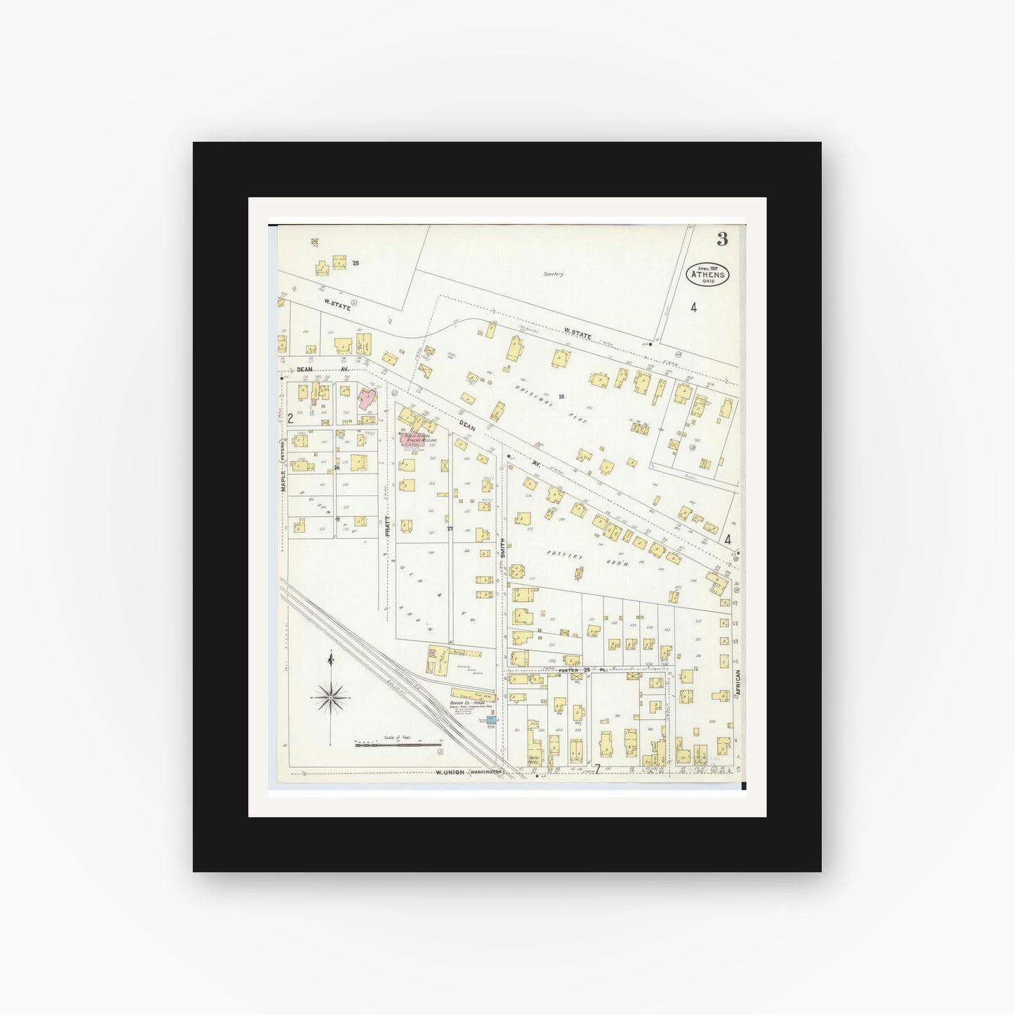 Old map wall art mockup — black gallery frame with white mat — Sanborn Fire Insurance Map from Athens, Athens County, Ohio (1907), Sheet #0003