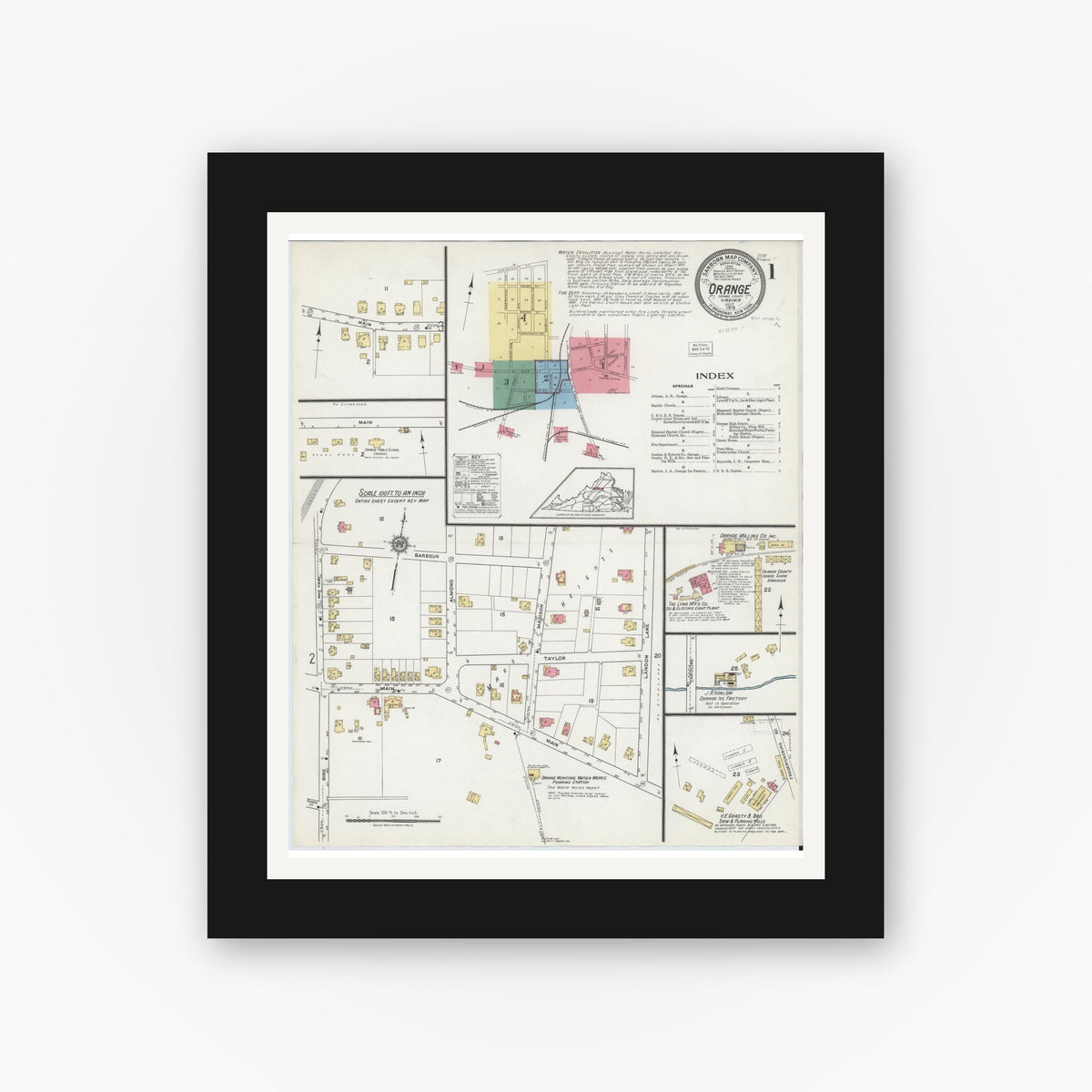 Old map wall art mockup — black gallery frame with white mat — Sanborn Fire Insurance Map from Orange, Orange County, Virginia (1919) - Complete Map Set