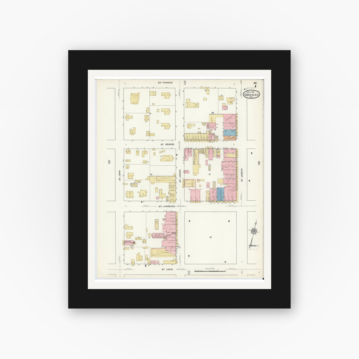 Old map wall art mockup — black gallery frame with white mat — Sanborn Fire Insurance Map from Gonzales, Gonzales County, Texas (1912), Sheet #0007