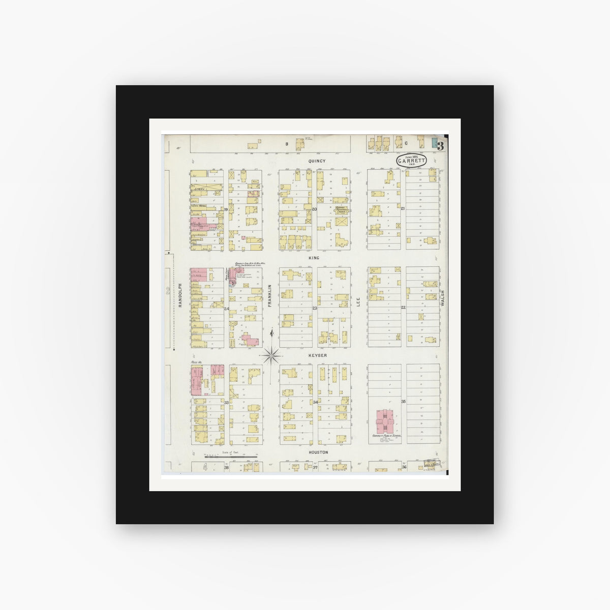 Old map wall art mockup — black gallery frame with white mat — Sanborn Fire Insurance Map from Garrett, De Kalb County, Indiana (1895), Sheet #0003