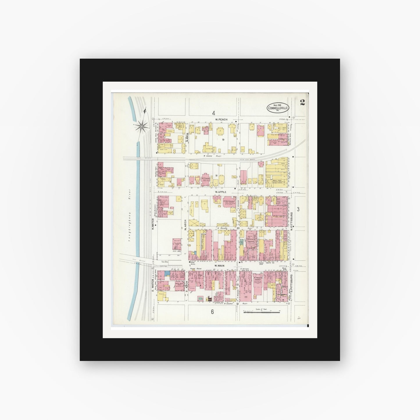 Old map wall art mockup — black gallery frame with white mat — Sanborn Fire Insurance Map from Connellsville, Fayette County, Pennsylvania (1908), Sheet #0002