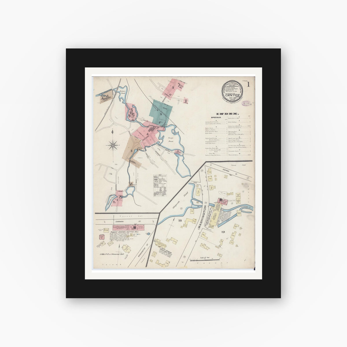 Old map wall art mockup — black gallery frame with white mat — Sanborn Fire Insurance Map from Canton, Norfolk County, Massachusetts (1885) - Complete Map Set