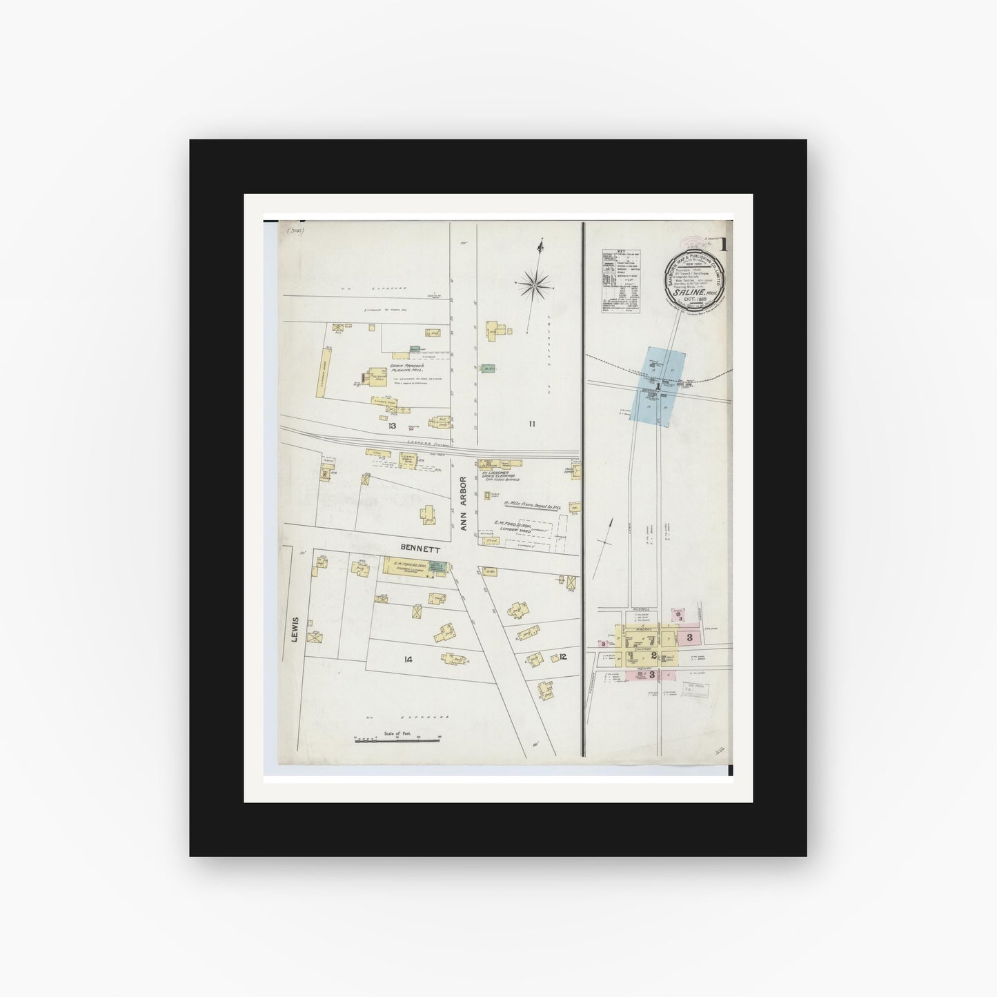Old map wall art mockup β black gallery frame with white mat β Sanborn Fire Insurance Map from Saline, Washtenaw County, Michigan (1888) - Complete Map Set