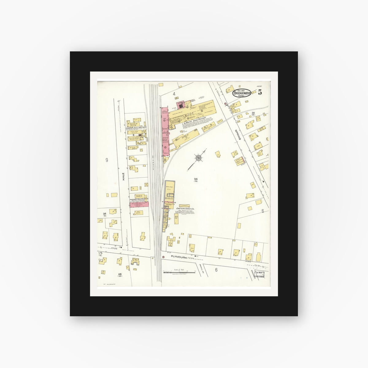 Old map wall art mockup — black gallery frame with white mat — Sanborn Fire Insurance Map from Bridgewater, Plymouth County, Massachusetts (1921), Sheet #0005