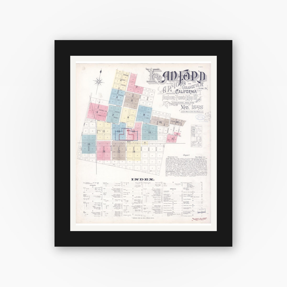 Old map wall art mockup — black gallery frame with white mat — Sanborn Fire Insurance Map from Hanford, Kings County, California (1898) - Complete Map Set