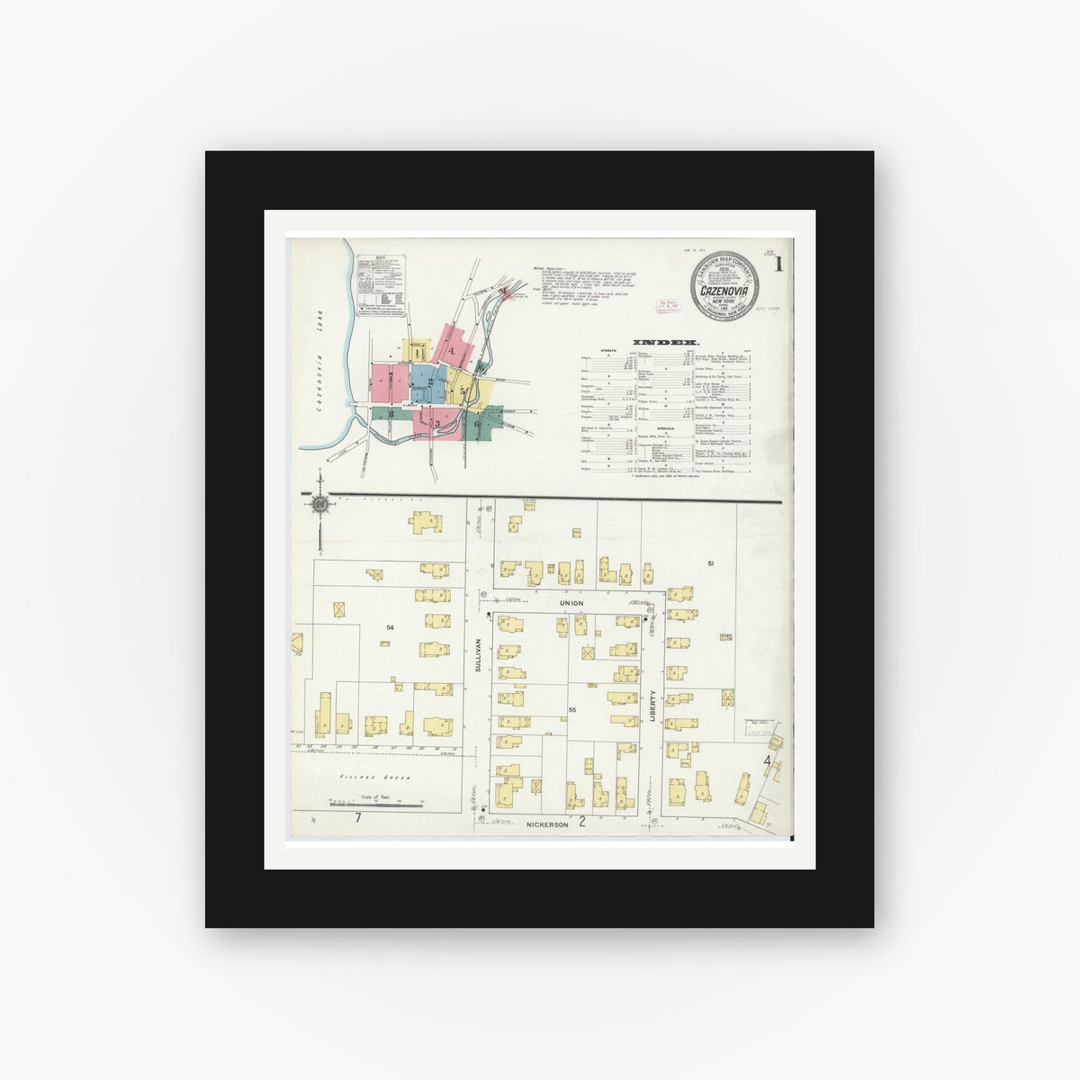 Old map wall art mockup — black gallery frame with white mat — Sanborn Fire Insurance Map from Cazenovia, Madison County, New York (1911) - Complete Map Set