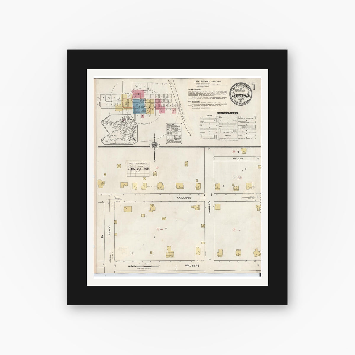 Old map wall art mockup — black gallery frame with white mat — Sanborn Fire Insurance Map from Lewisville, Denton County, Texas (1934) - Complete Map Set