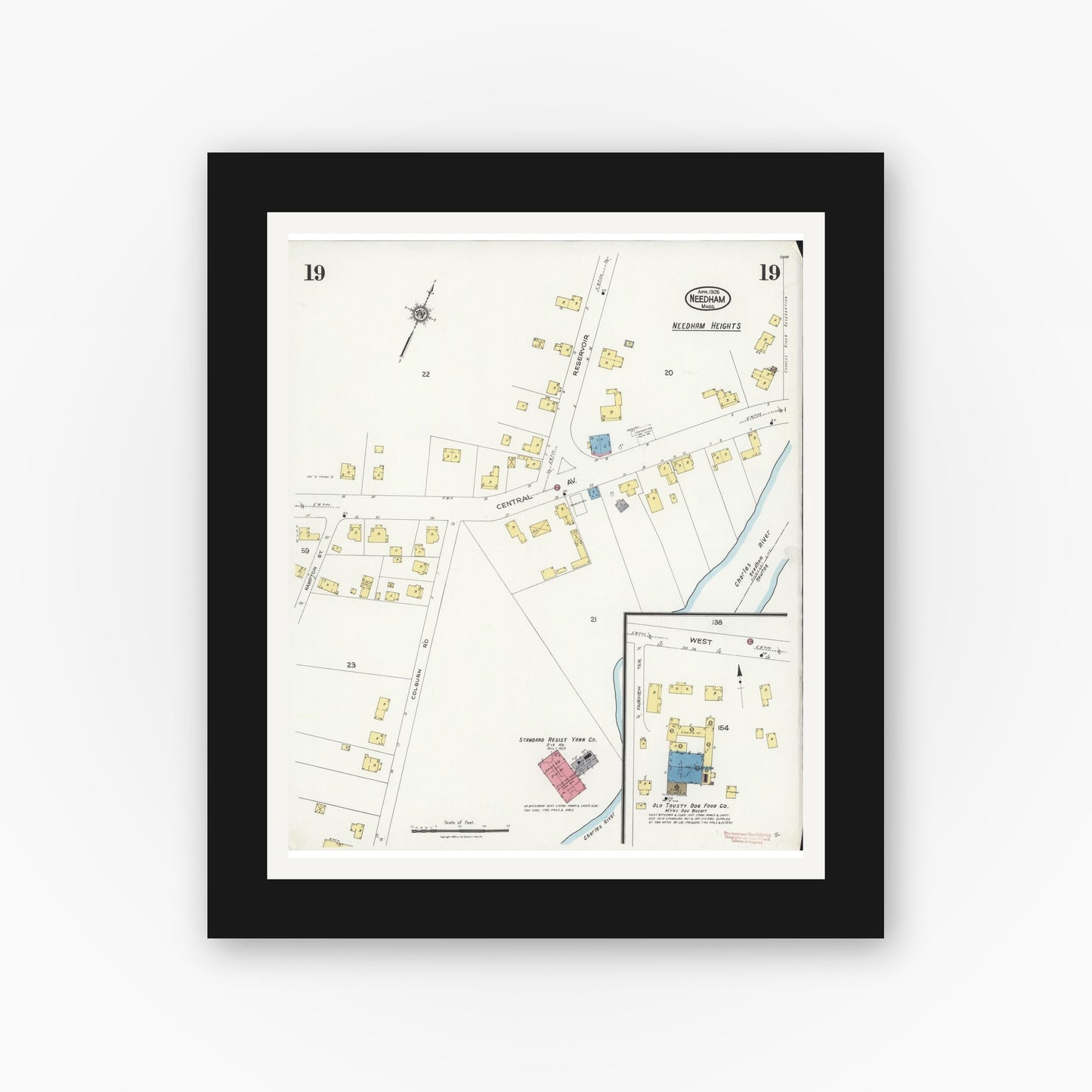 Old map wall art mockup — black gallery frame with white mat — Sanborn Fire Insurance Map from Needham, Norfolk County, Massachusetts (1926), Sheet #0019