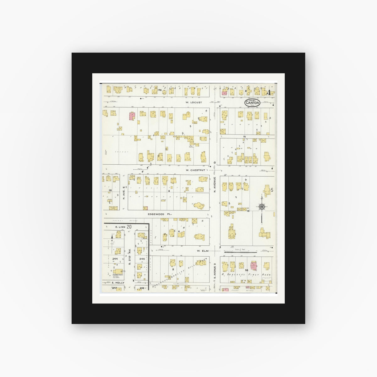 Old map wall art mockup — black gallery frame with white mat — Sanborn Fire Insurance Map from Canton, Fulton County, Illinois (1917), Sheet #0004