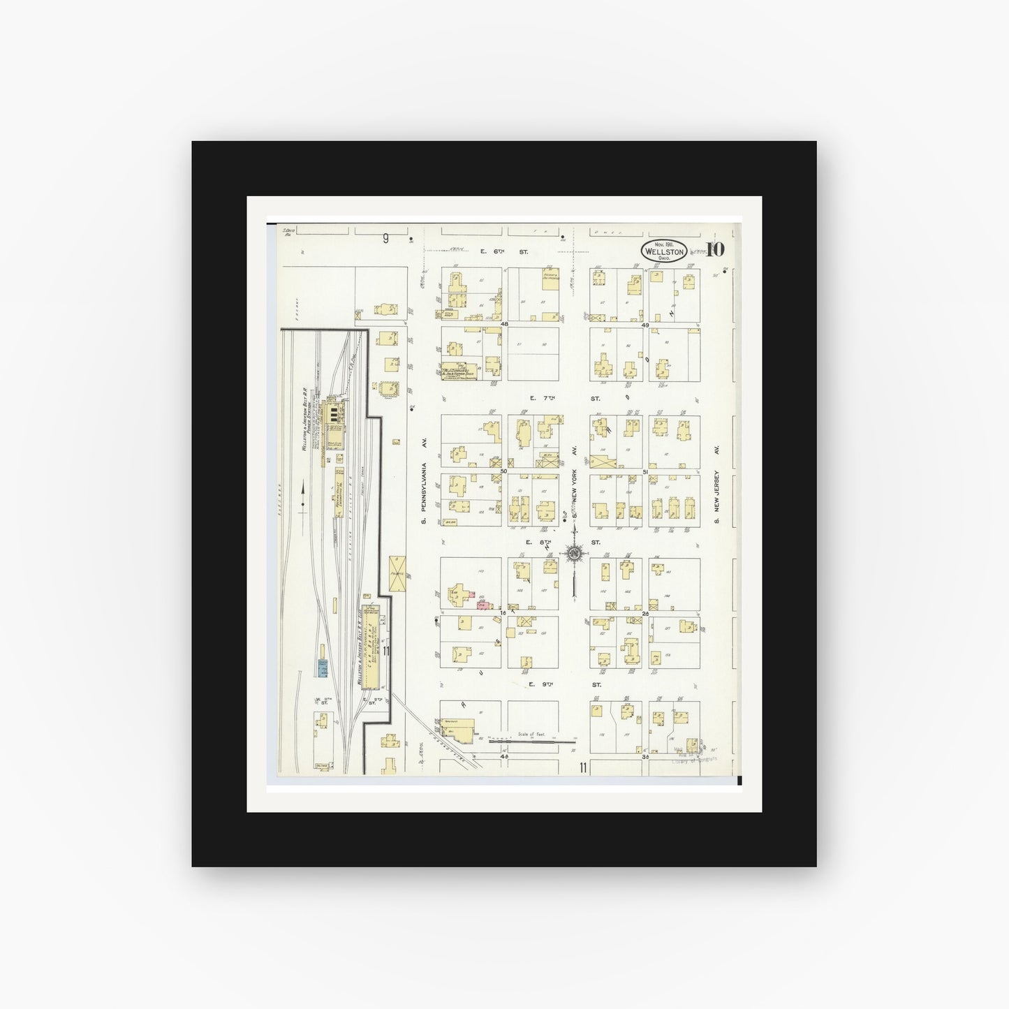 Old map wall art mockup — black gallery frame with white mat — Sanborn Fire Insurance Map from Wellston, Jackson County, Ohio (1911), Sheet #0010