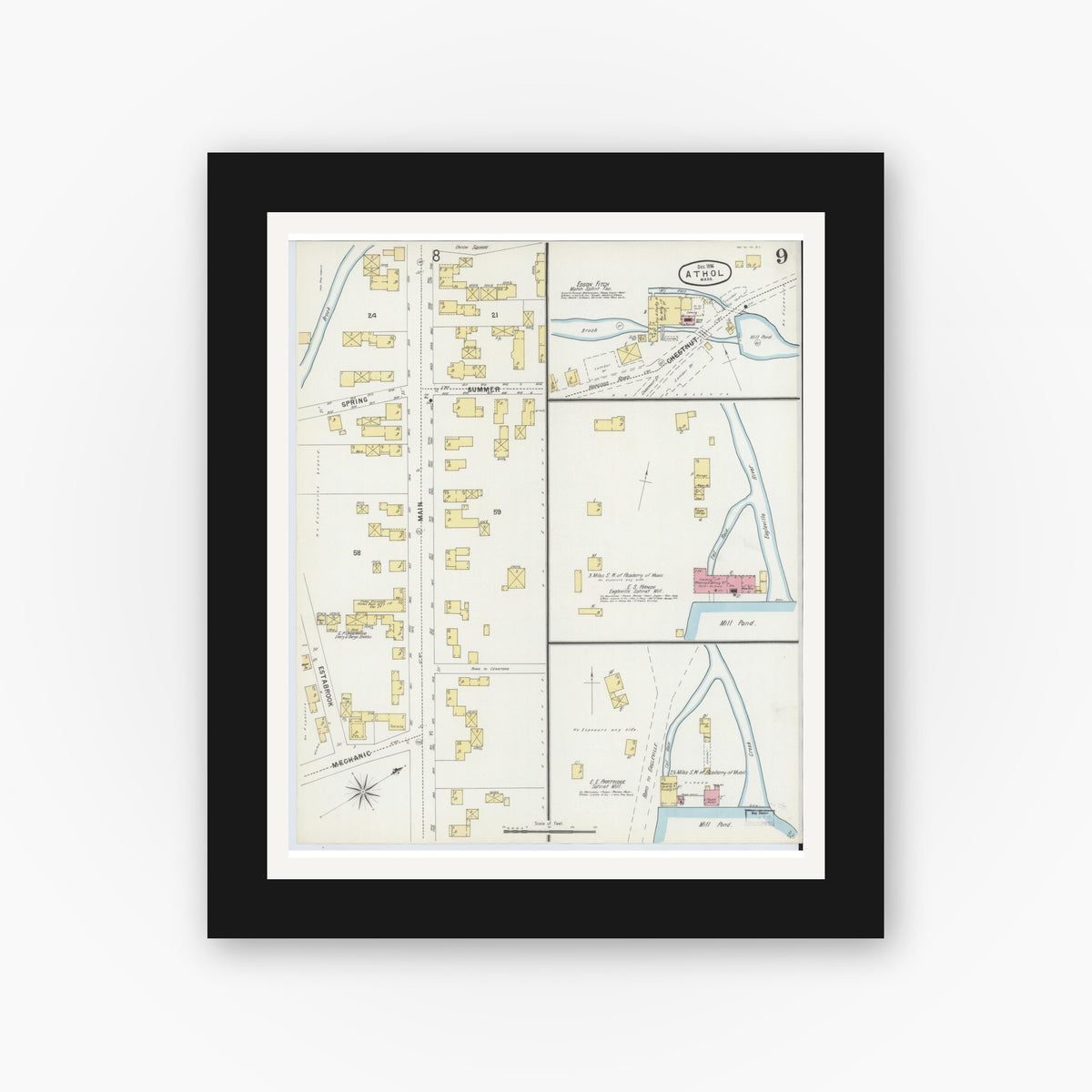 Old map wall art mockup — black gallery frame with white mat — Sanborn Fire Insurance Map from Athol, Worcester County, Massachusetts (1896), Sheet #0009