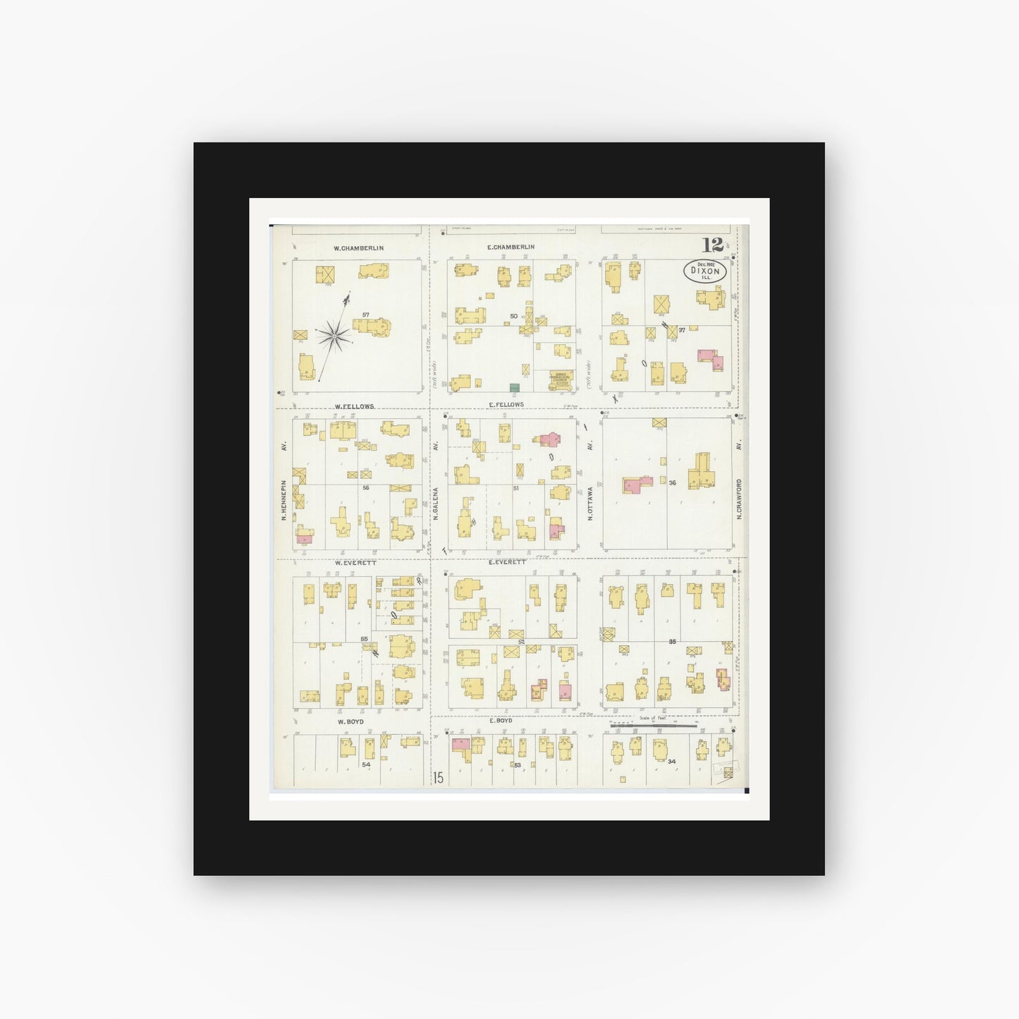 Old map wall art mockup — black gallery frame with white mat — Sanborn Fire Insurance Map from Dixon, Lee County, Illinois (1902), Sheet #0012