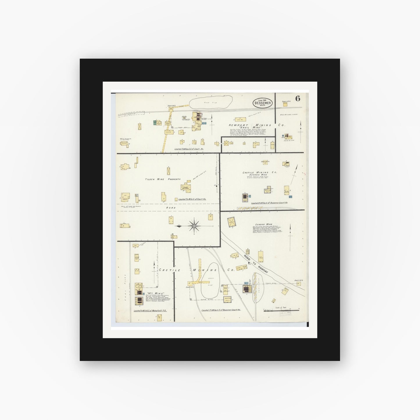 Old map wall art mockup — black gallery frame with white mat — Sanborn Fire Insurance Map from Bessemer, Gogebic County, Michigan (1908), Sheet #0006