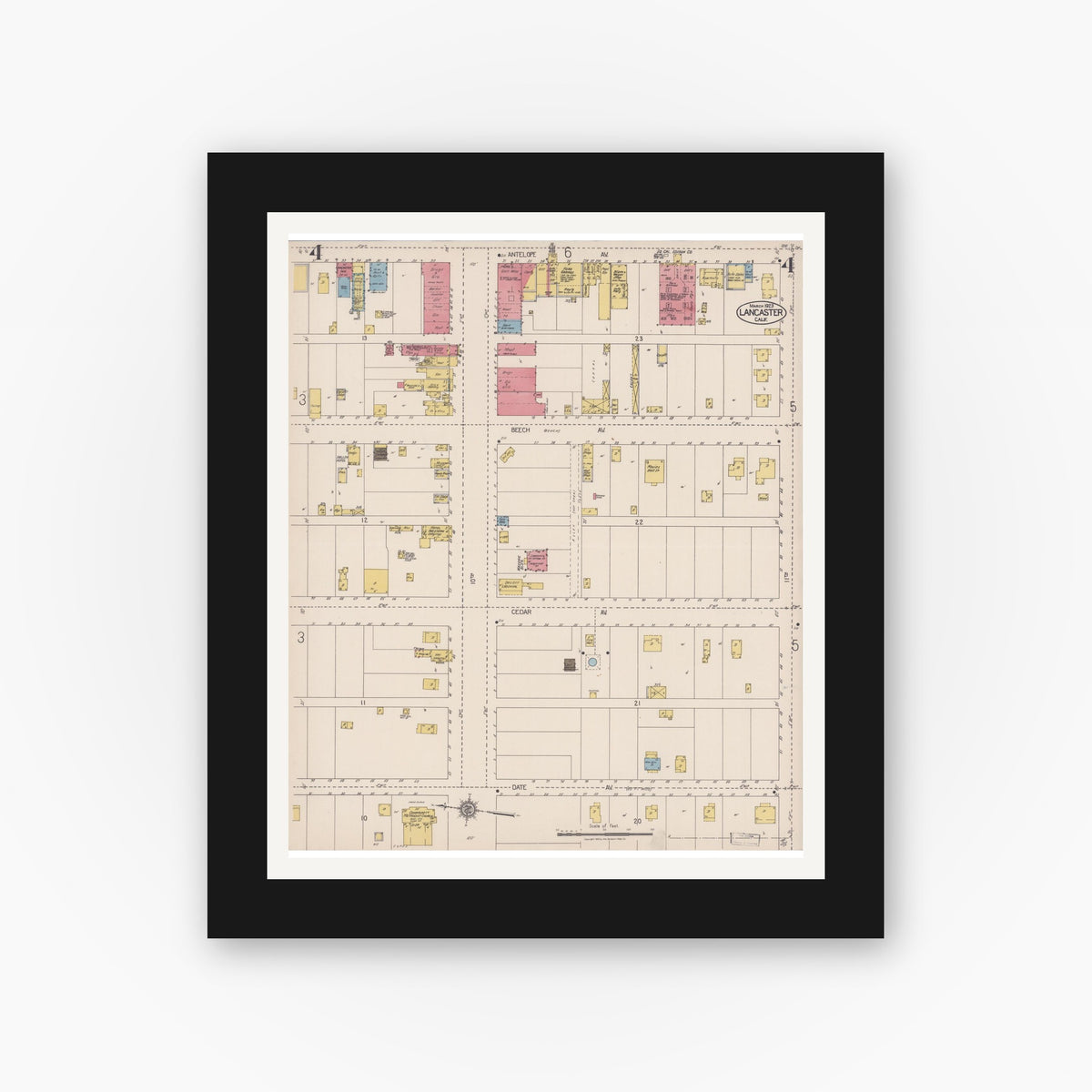 Old map wall art mockup — black gallery frame with white mat — Sanborn Fire Insurance Map from Lancaster, Los Angeles County, California (1923), Sheet #0004