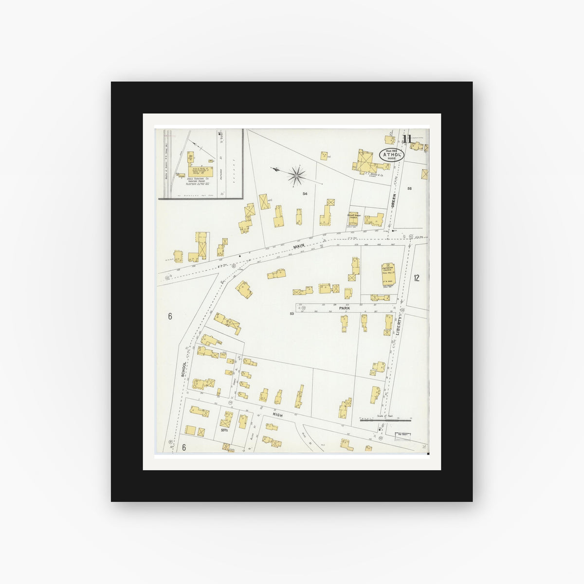 Old map wall art mockup — black gallery frame with white mat — Sanborn Fire Insurance Map from Athol, Worcester County, Massachusetts (1905), Sheet #0011