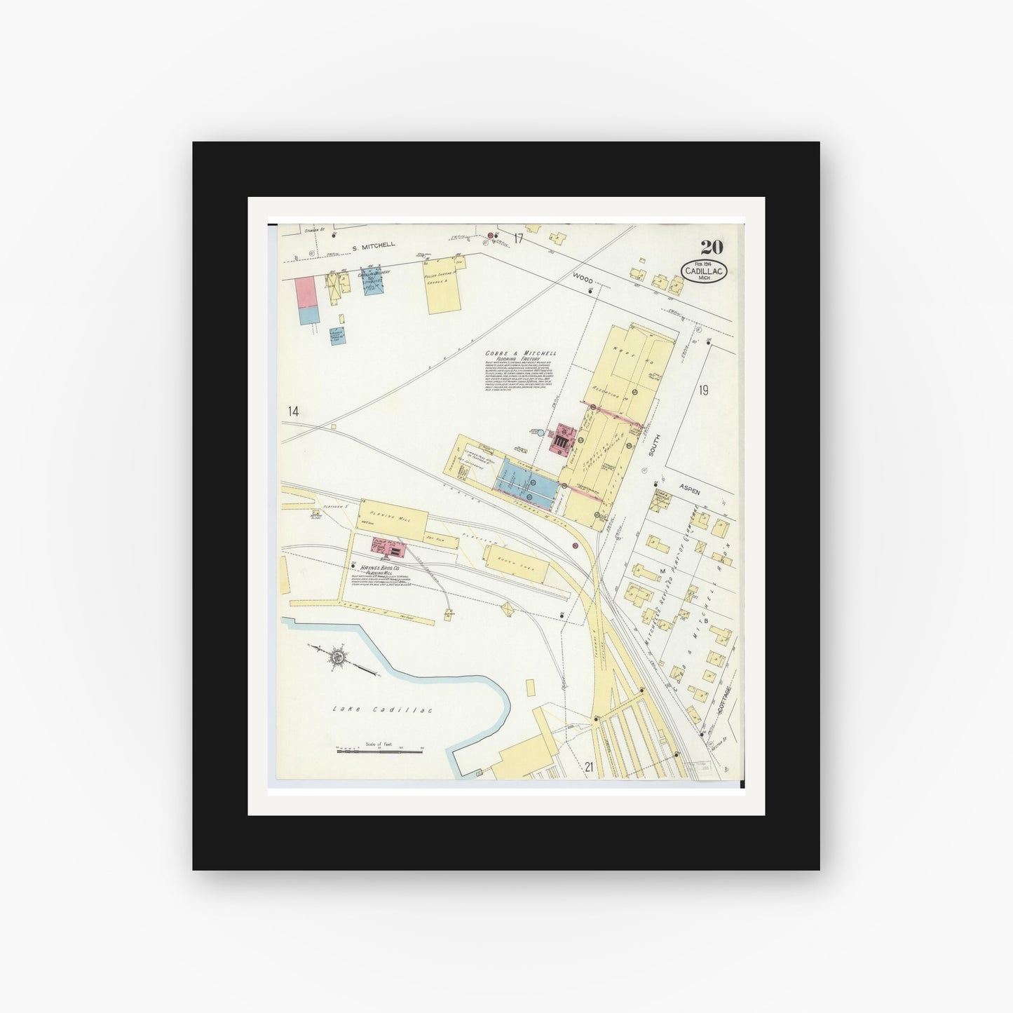 Old map wall art mockup — black gallery frame with white mat — Sanborn Fire Insurance Map from Cadillac, Wexford County, Michigan (1914), Sheet #0020