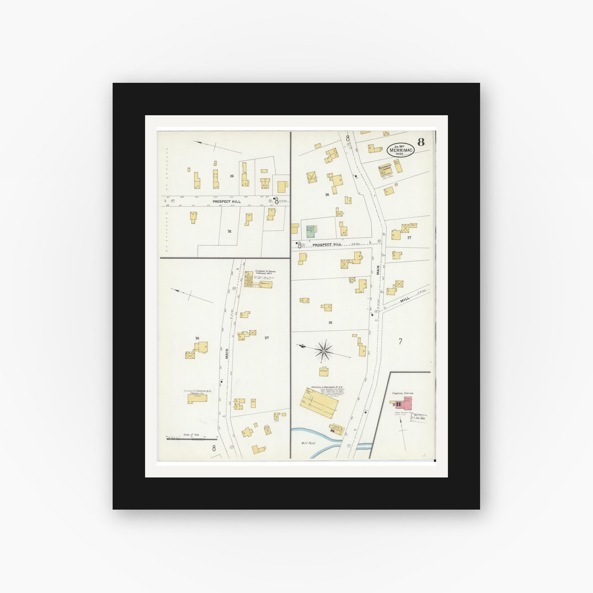 Old map wall art mockup — black gallery frame with white mat — Sanborn Fire Insurance Map from Merrimac, Essex County, Massachusetts (1907), Sheet #0008