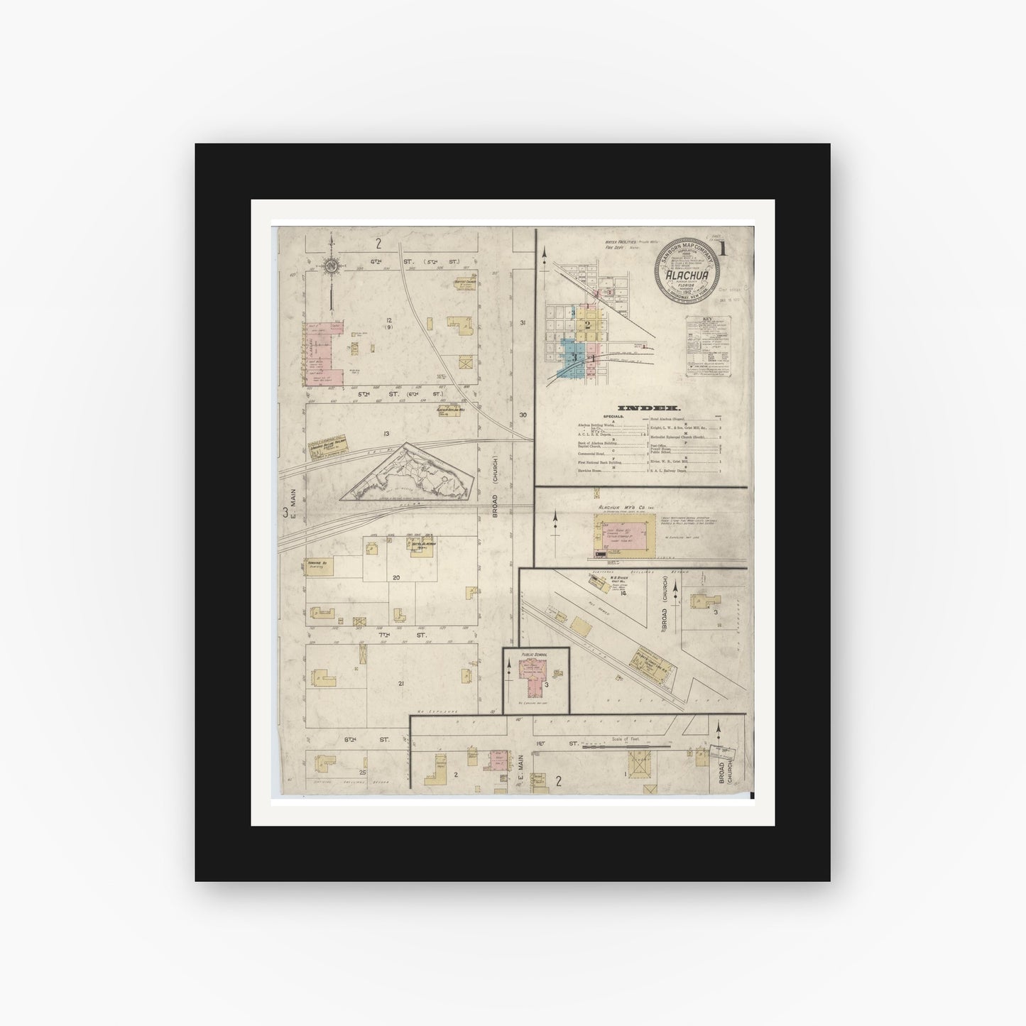 Old map wall art mockup — black gallery frame with white mat — Sanborn Fire Insurance Map from Alachua, Alachua County, Florida (1912), Sheet #0001