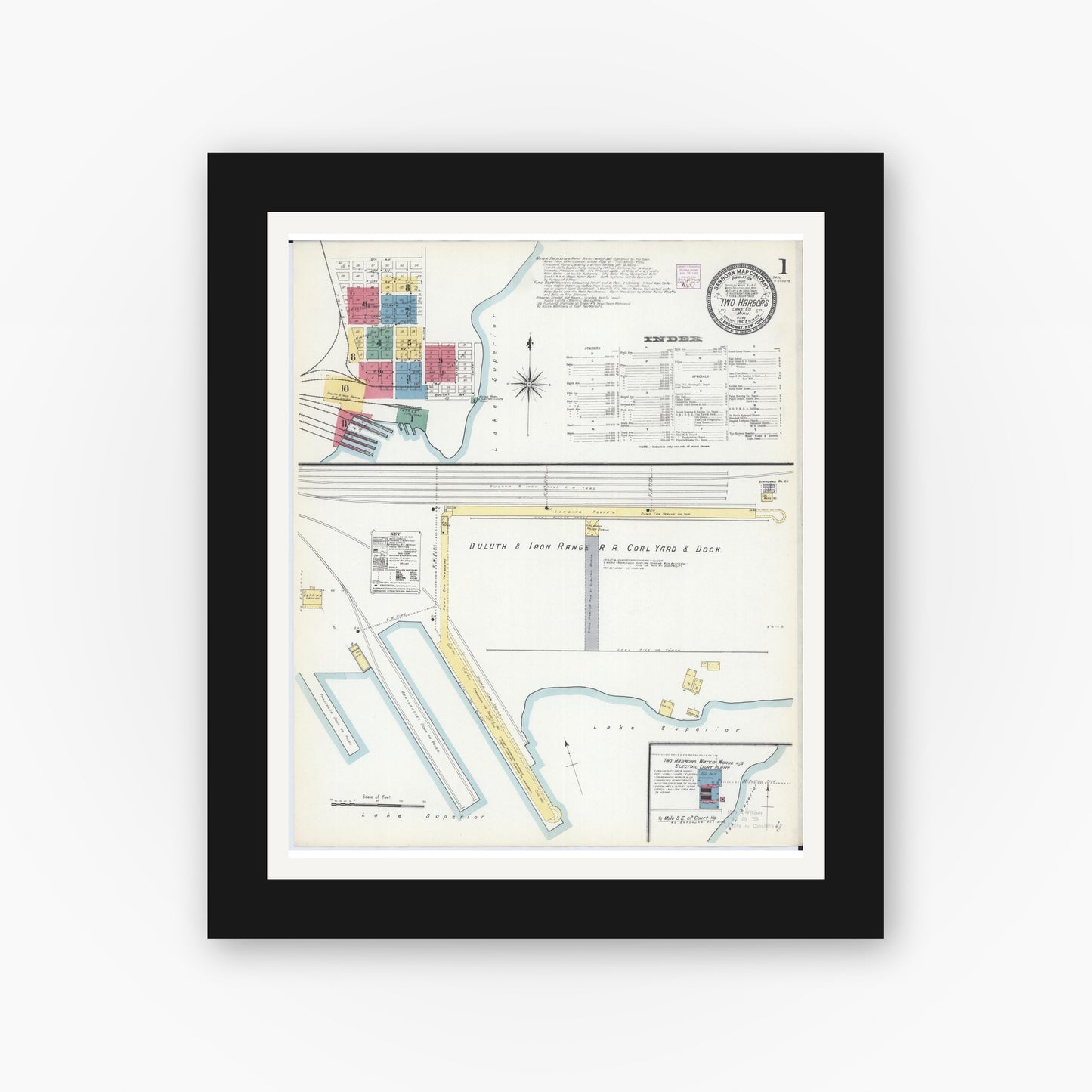 Old map wall art mockup — black gallery frame with white mat — Sanborn Fire Insurance Map from Two Harbors, Lake County, Minnesota (1907) - Complete Map Set