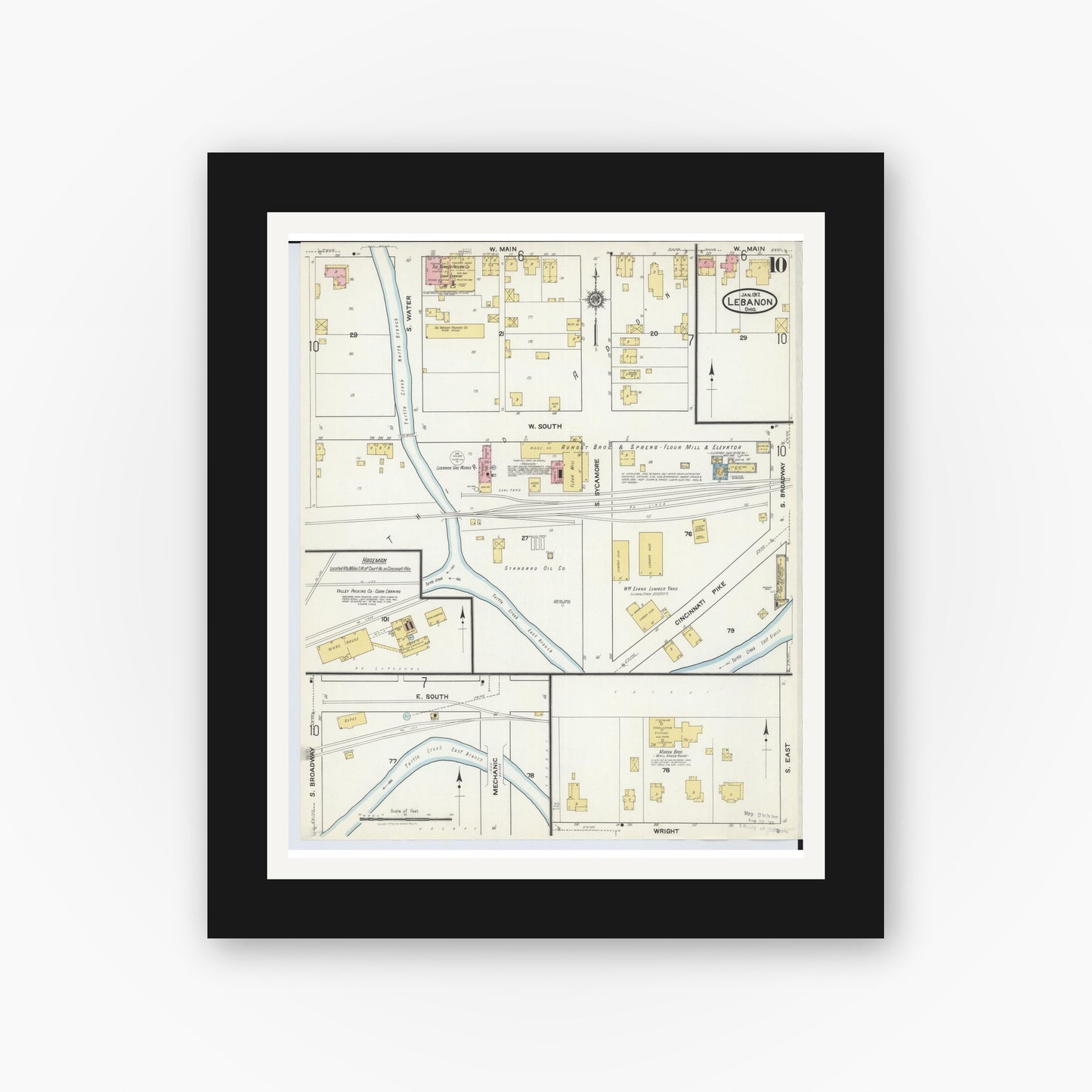 Old map wall art mockup — black gallery frame with white mat — Sanborn Fire Insurance Map from Lebanon, Warren County, Ohio (1917), Sheet #0010