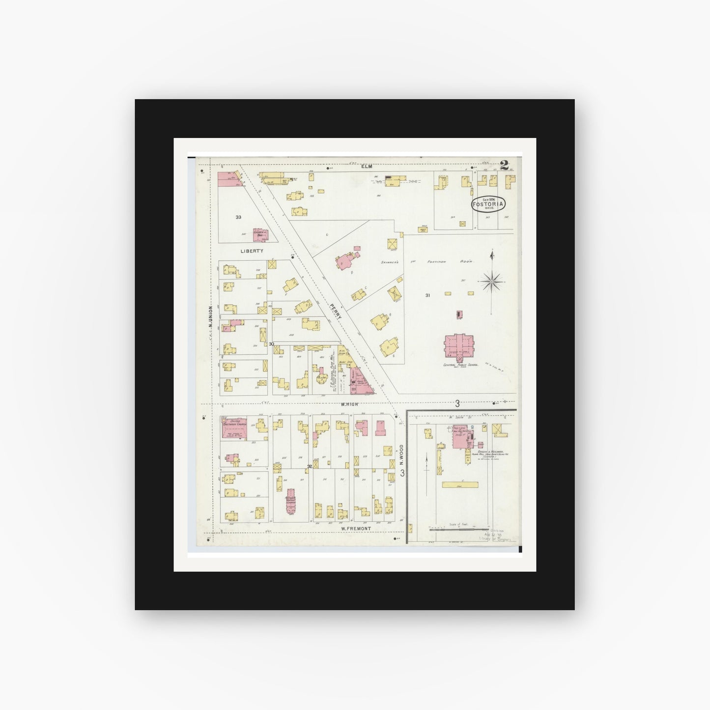 Old map wall art mockup — black gallery frame with white mat — Sanborn Fire Insurance Map from Fostoria, Seneca, Hancock, And Wood Counties, Ohio (1896), Sheet #0002