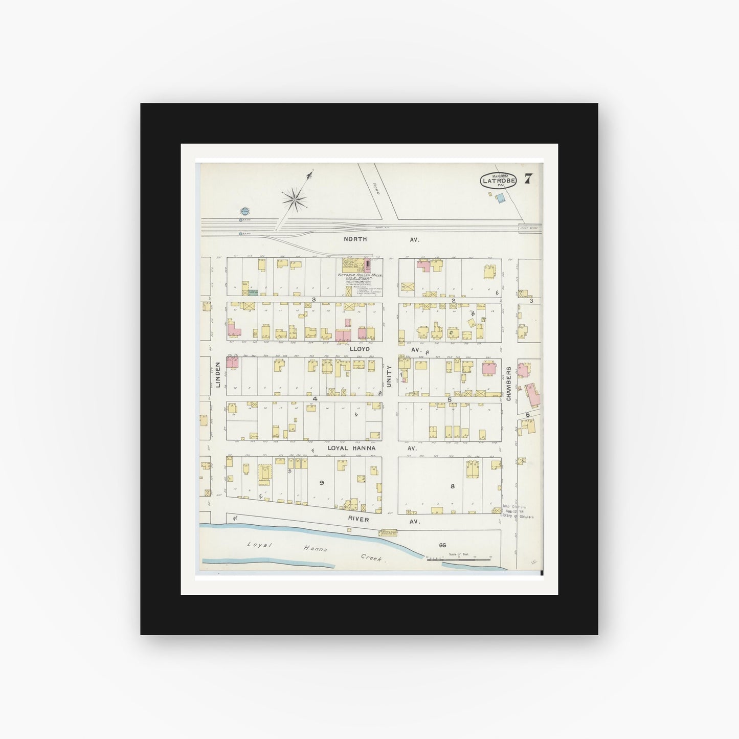 Old map wall art mockup — black gallery frame with white mat — Sanborn Fire Insurance Map from Latrobe, Westmoreland County, Pennsylvania (1892), Sheet #0007