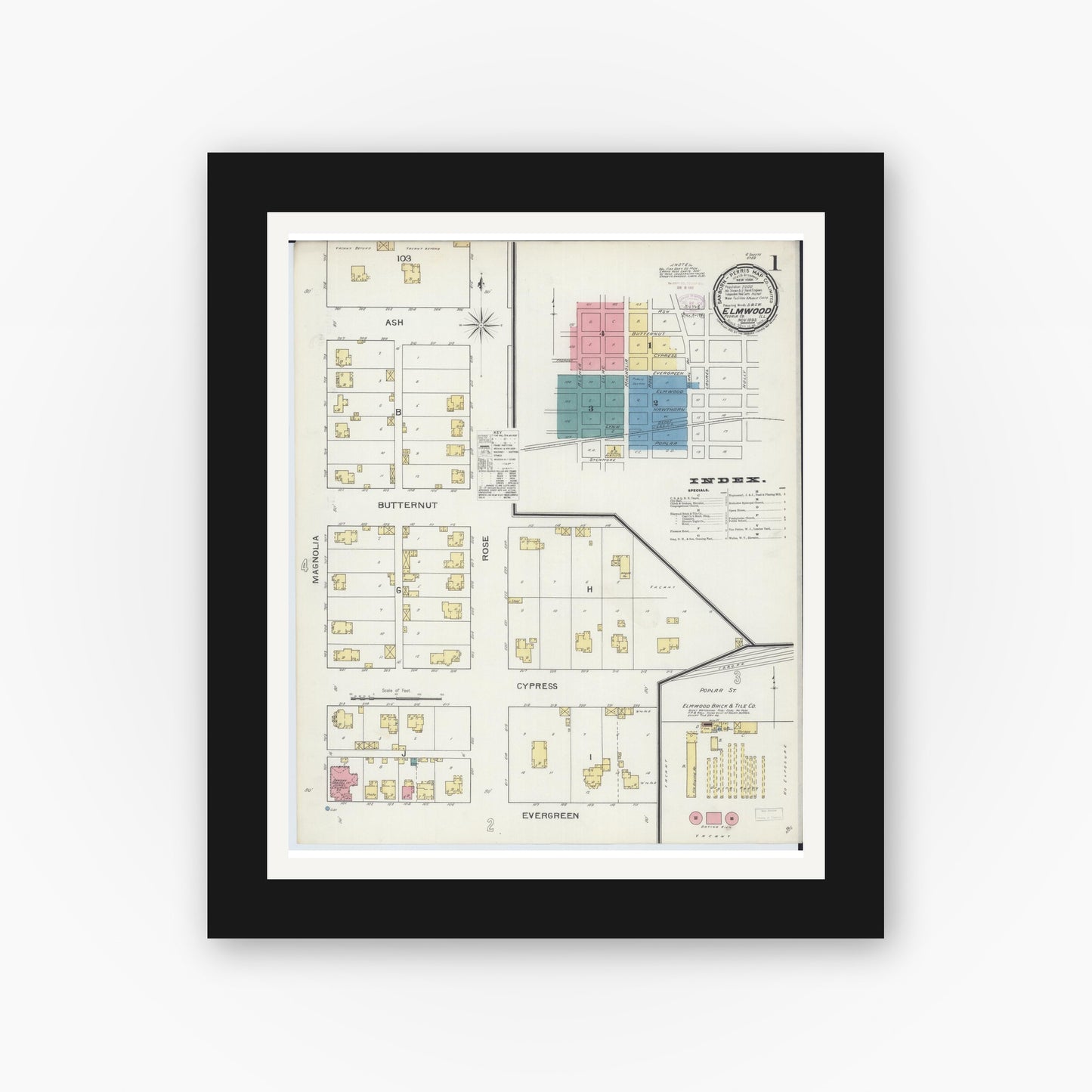 Old map wall art mockup — black gallery frame with white mat — Sanborn Fire Insurance Map from Elmwood, Peoria County, Illinois (1893), Sheet #0001