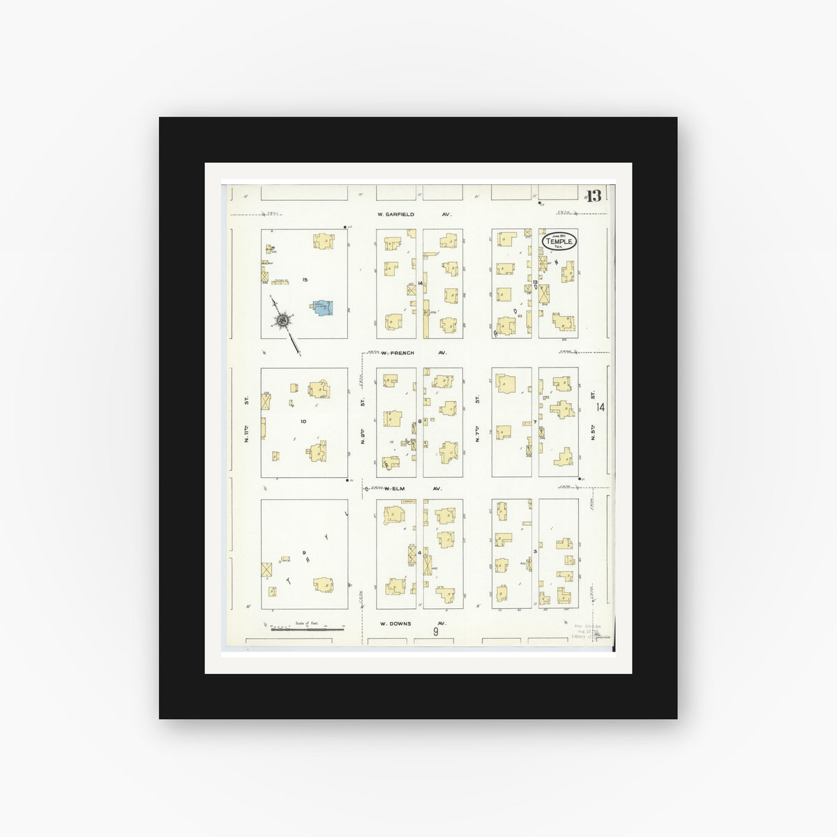 Old map wall art mockup — black gallery frame with white mat — Sanborn Fire Insurance Map from Temple, Bell County, Texas (1910), Sheet #0013
