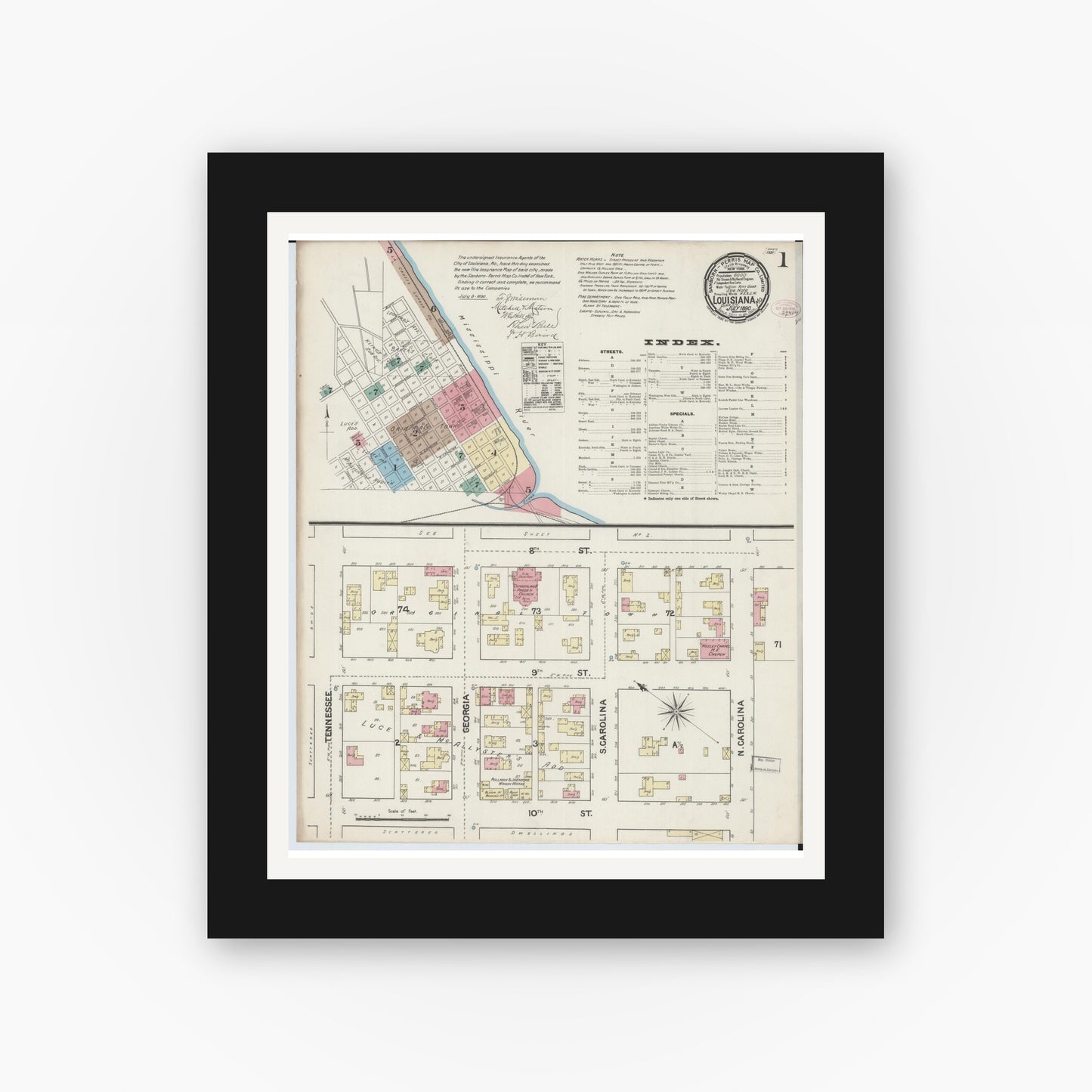 Old map wall art mockup — black gallery frame with white mat — Sanborn Fire Insurance Map from Louisiana, Pike County, Missouri (1890) - Complete Map Set