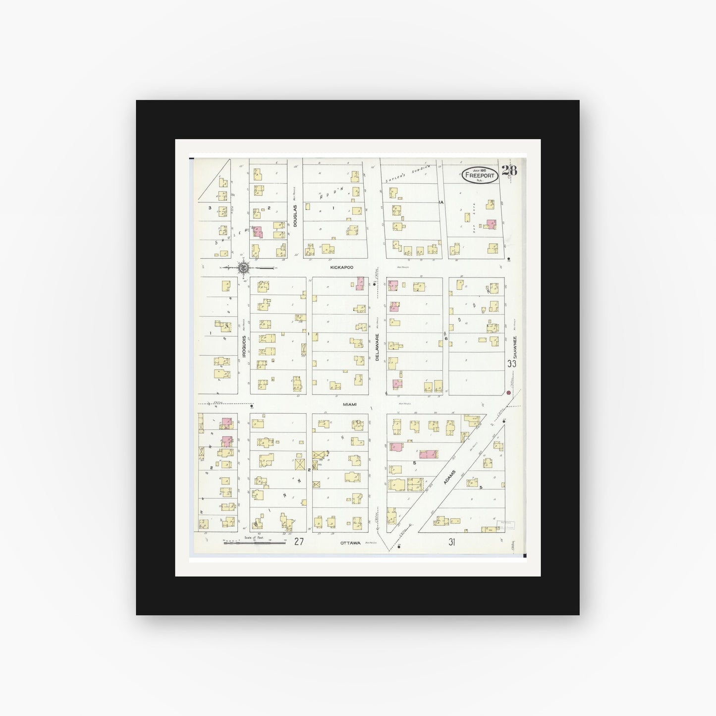 Old map wall art mockup — black gallery frame with white mat — Sanborn Fire Insurance Map from Freeport, Stephenson County, Illinois (1910), Sheet #0028