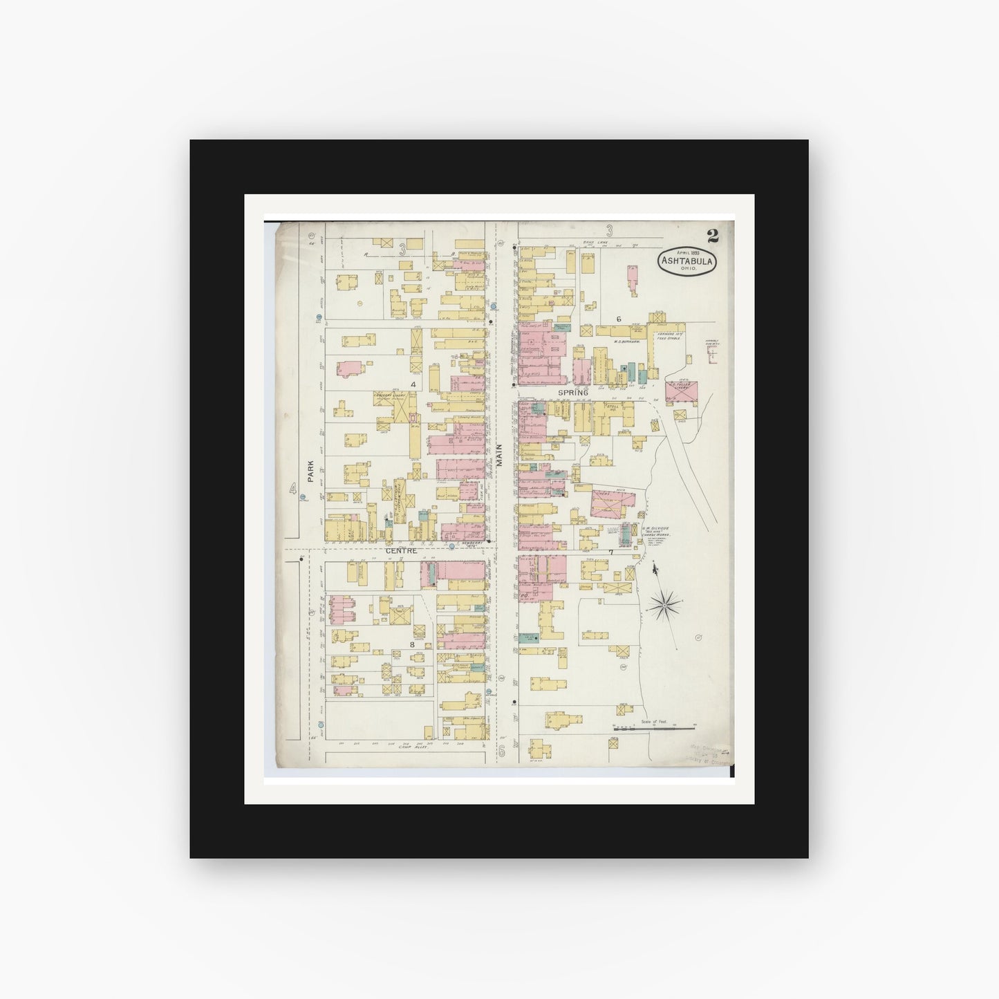 Old map wall art mockup — black gallery frame with white mat — Sanborn Fire Insurance Map from Ashtabula, Ashtabula County, Ohio (1893), Sheet #0002